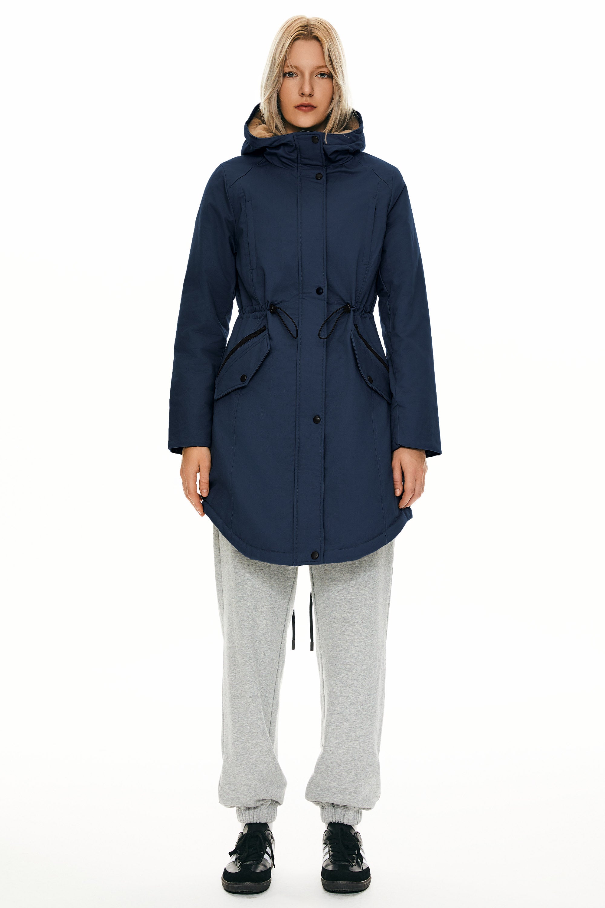 Parka-Drawstring Waist Fleece - Lined Parka - Orolay, #color_navy