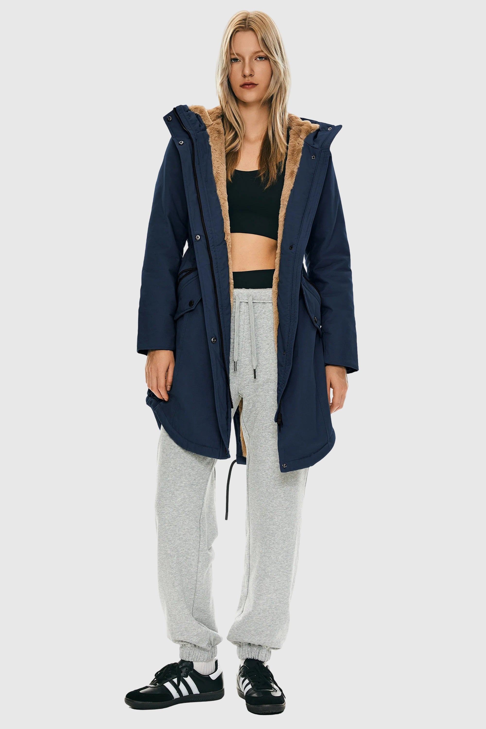 Parka-Drawstring Waist Fleece - Lined Parka - Orolay, #color_navy