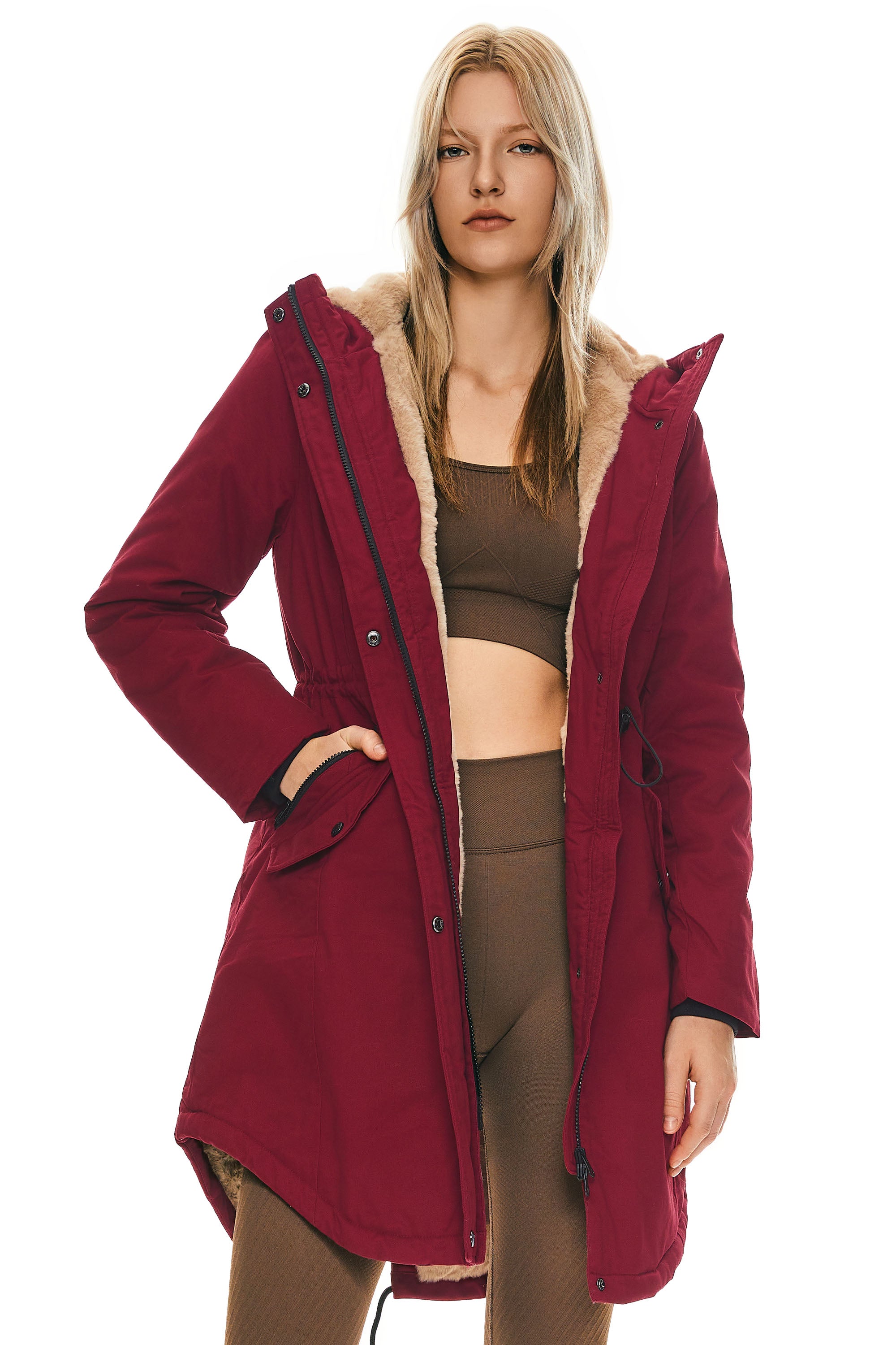 Parka-Drawstring Waist Fleece - Lined Parka - Orolay, #color_Dark Red