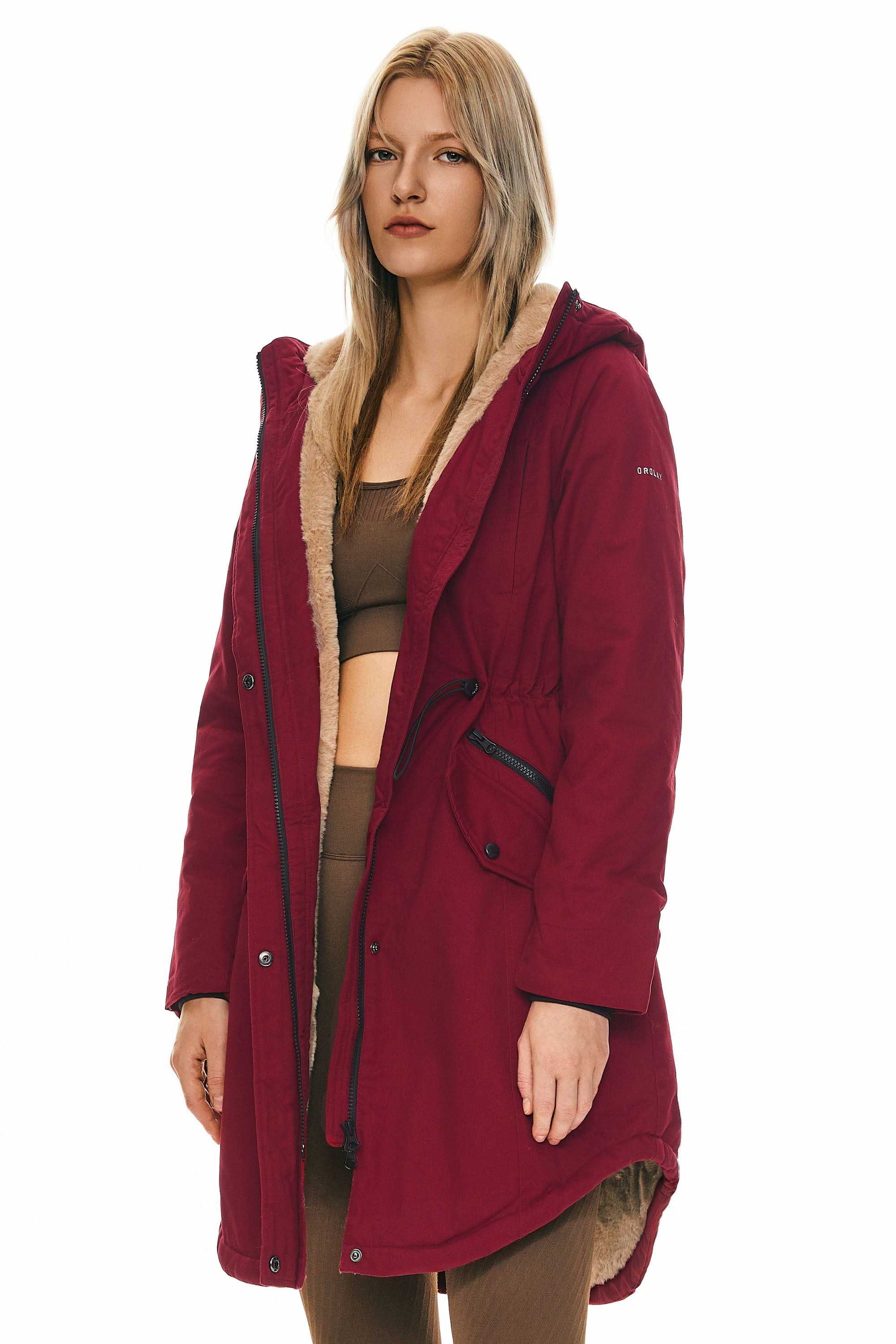 Parka-Drawstring Waist Fleece - Lined Parka - Orolay, #color_Dark Red