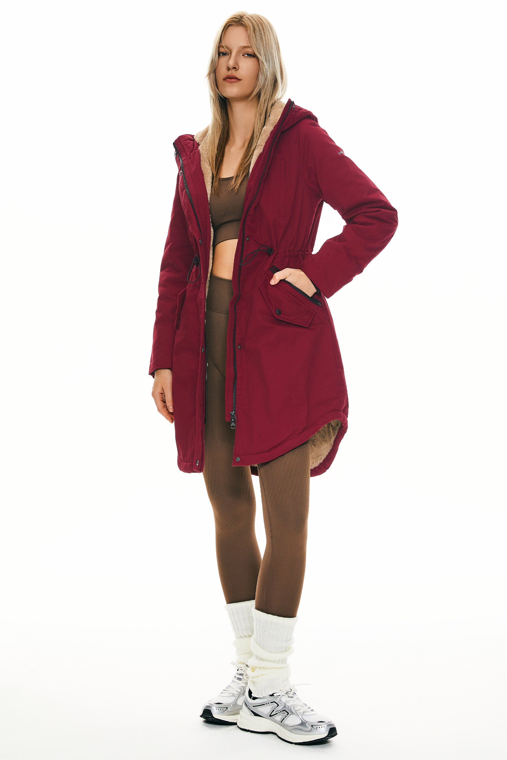 Parka-Drawstring Waist Fleece - Lined Parka - Orolay, #color_Dark Red