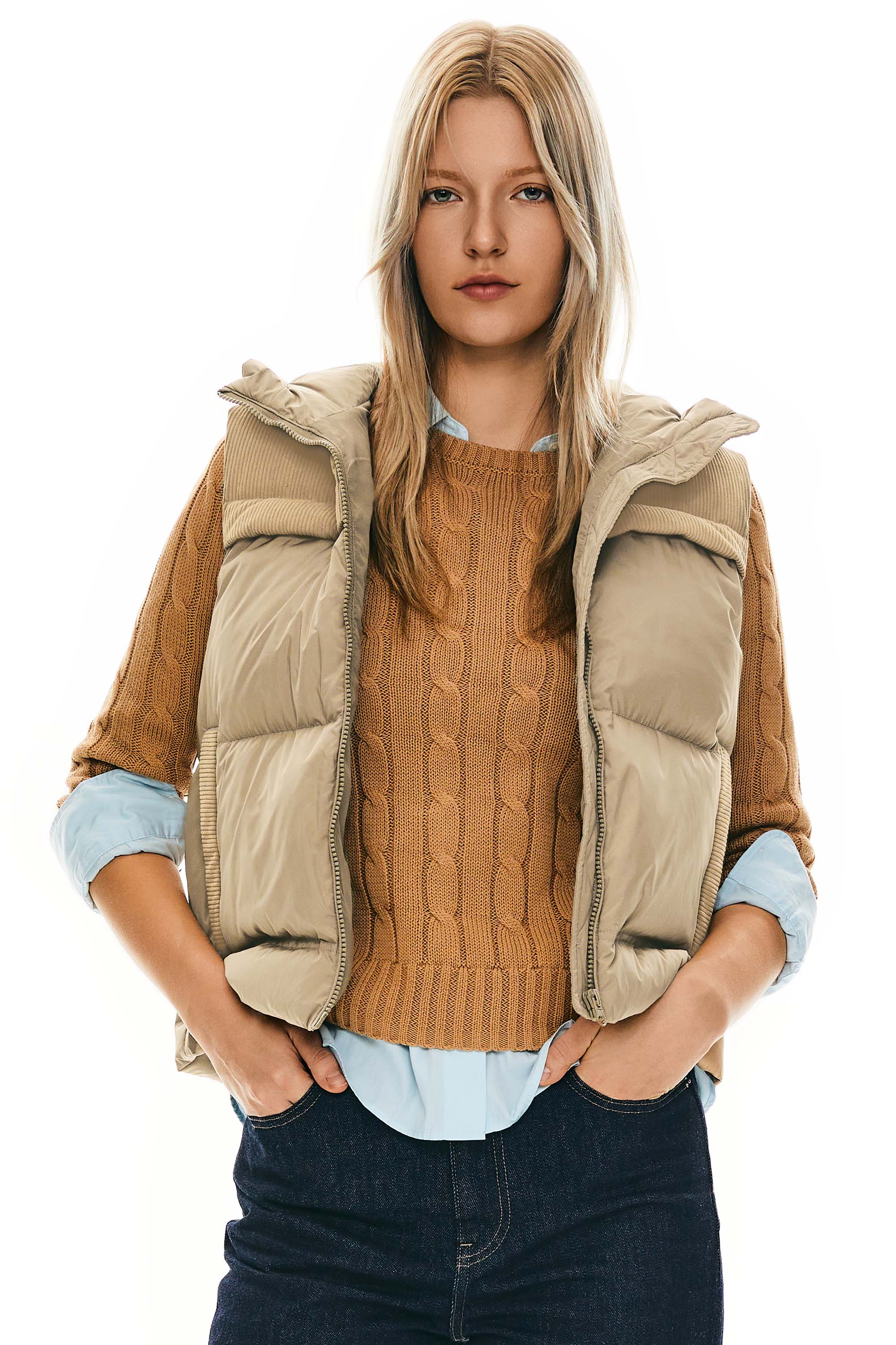 Orolay Hooded Puffer Down Vest Cropped Zip Up Lightweight #color_Khaki