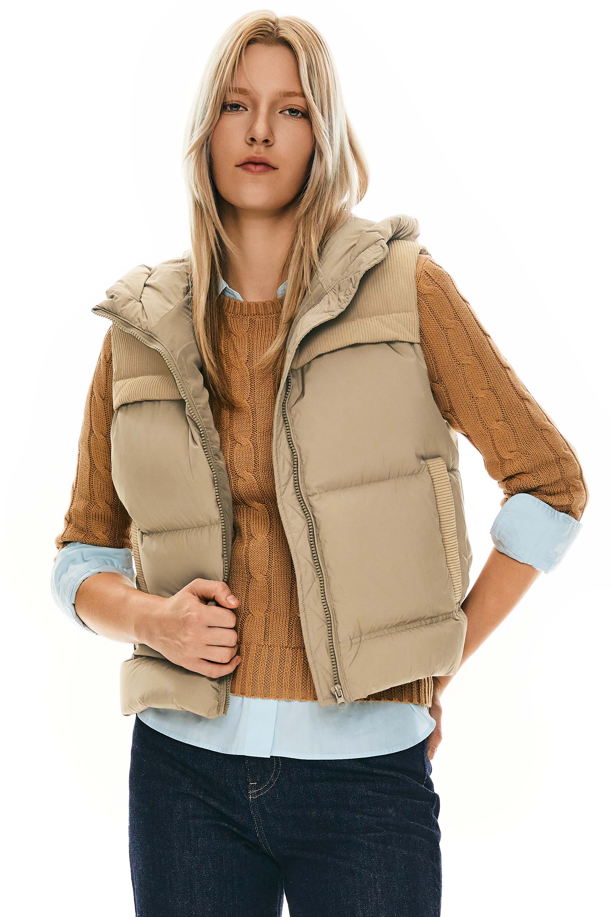 Orolay Hooded Puffer Down Vest Cropped Zip Up Lightweight #color_Khaki