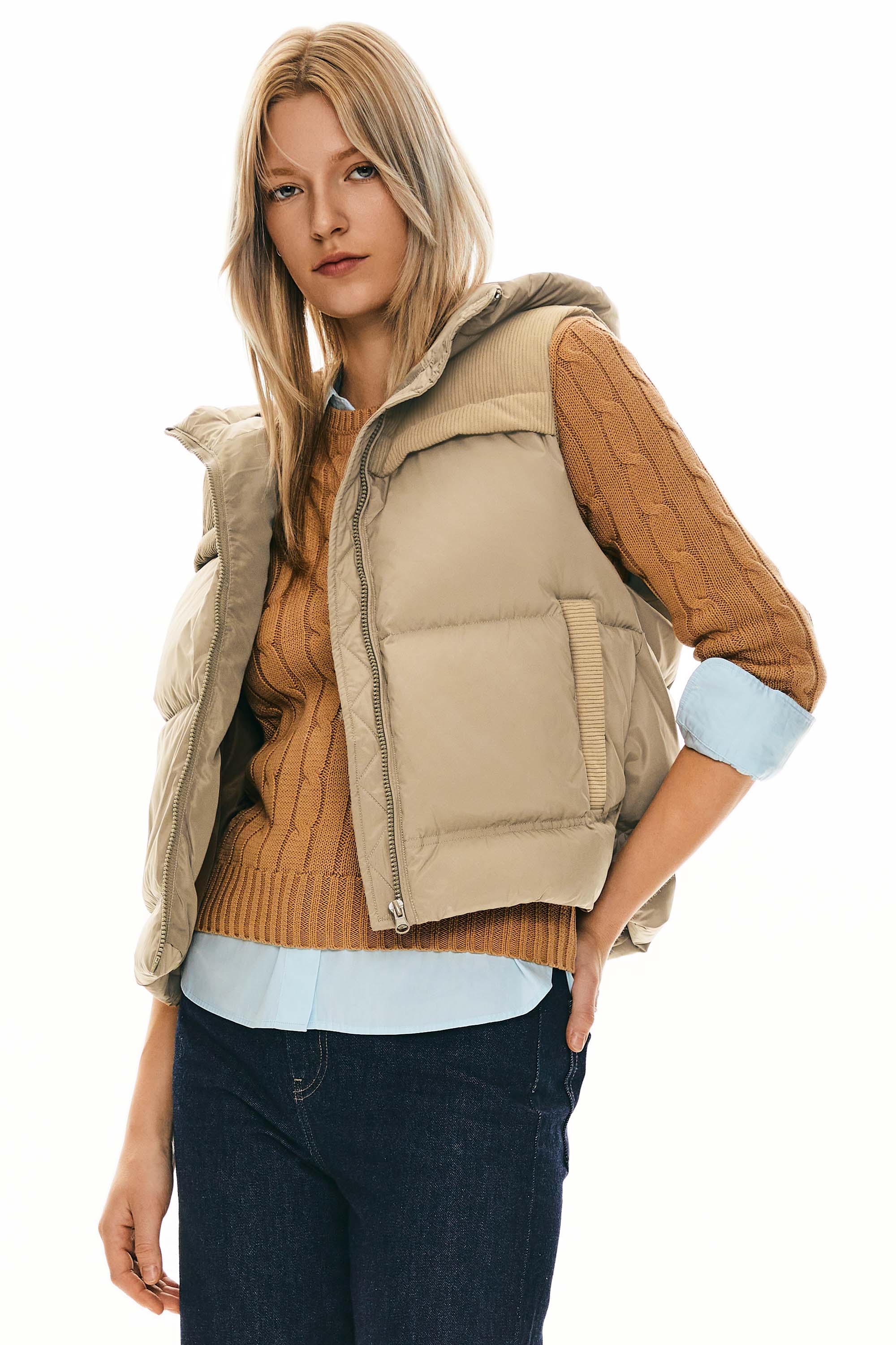 Orolay Hooded Puffer Down Vest Cropped Zip Up Lightweight #color_Khaki