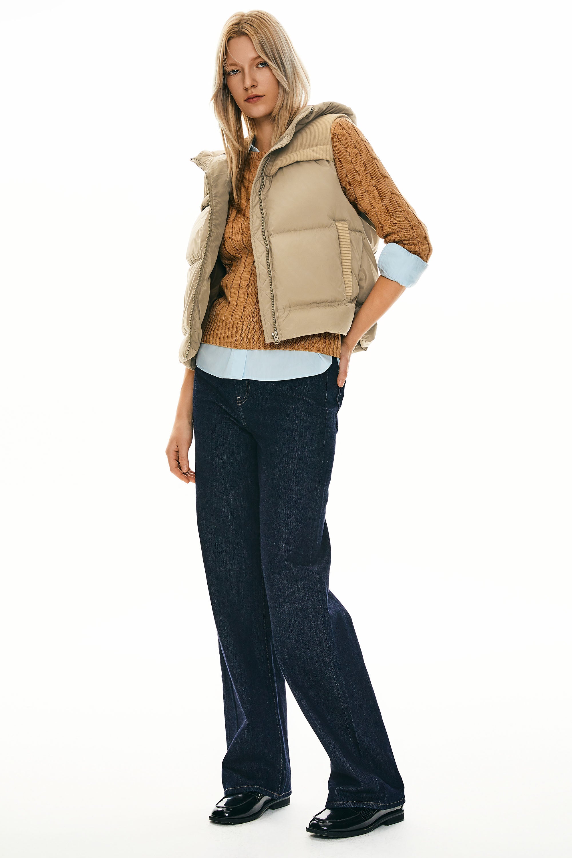 Orolay Hooded Puffer Down Vest Cropped Zip Up Lightweight #color_Khaki