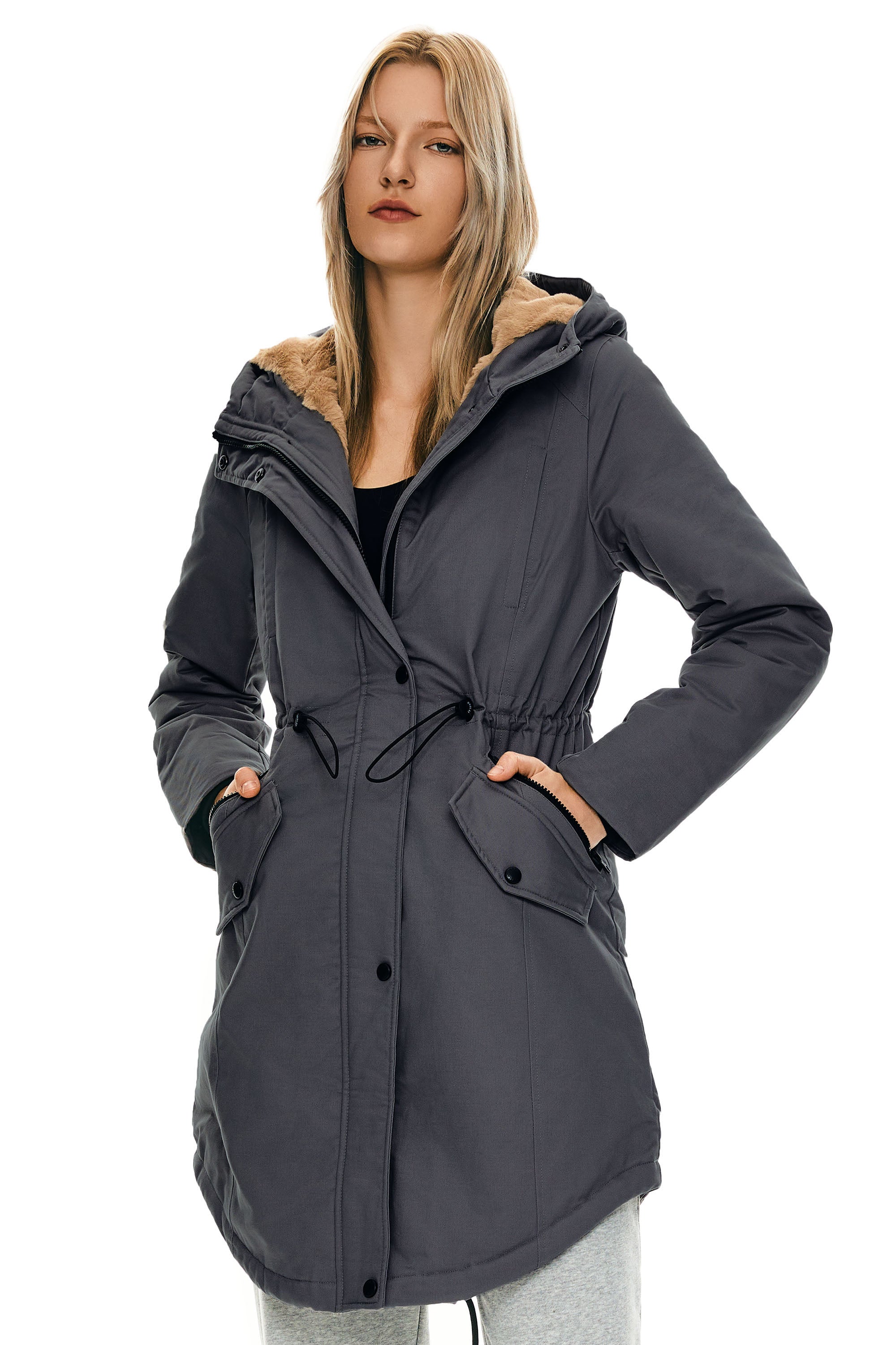 Parka-Drawstring Waist Fleece - Lined Parka - Orolay, #color_darkGray