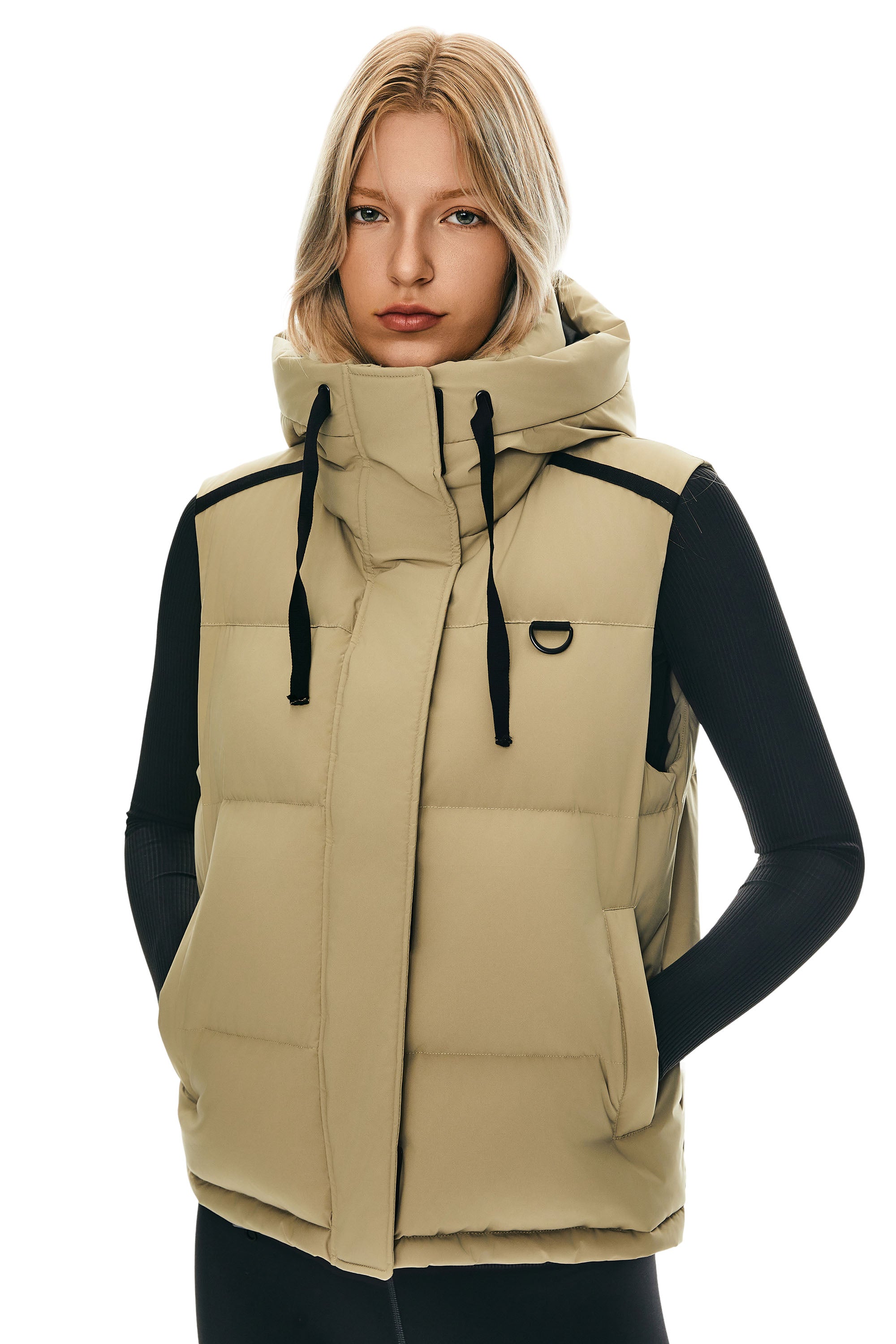 Orolay Puffer Down Vest Hooded Cropped Zip Up #color_Khaki