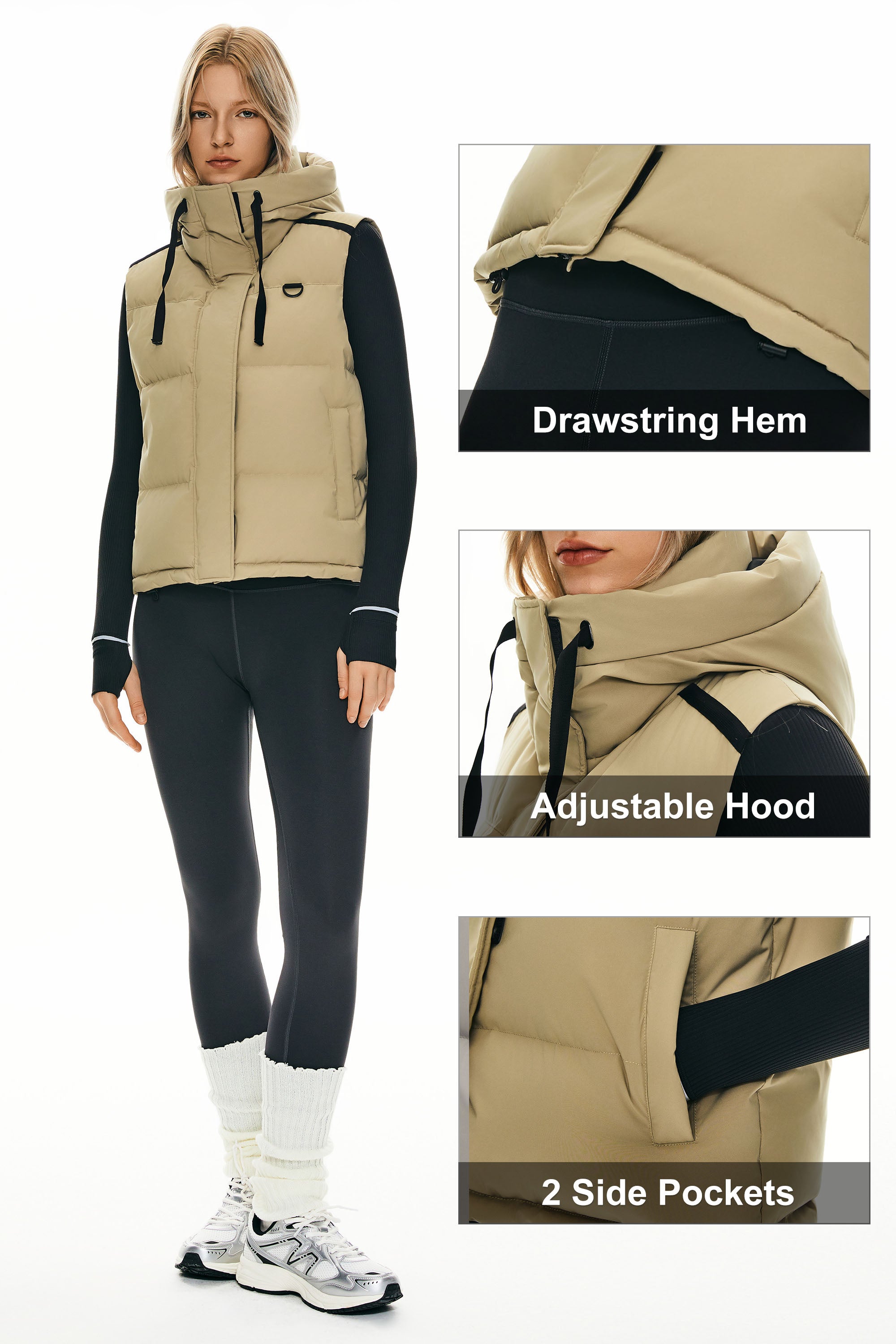 Orolay Puffer Down Vest Hooded Cropped Zip Up #color_Khaki