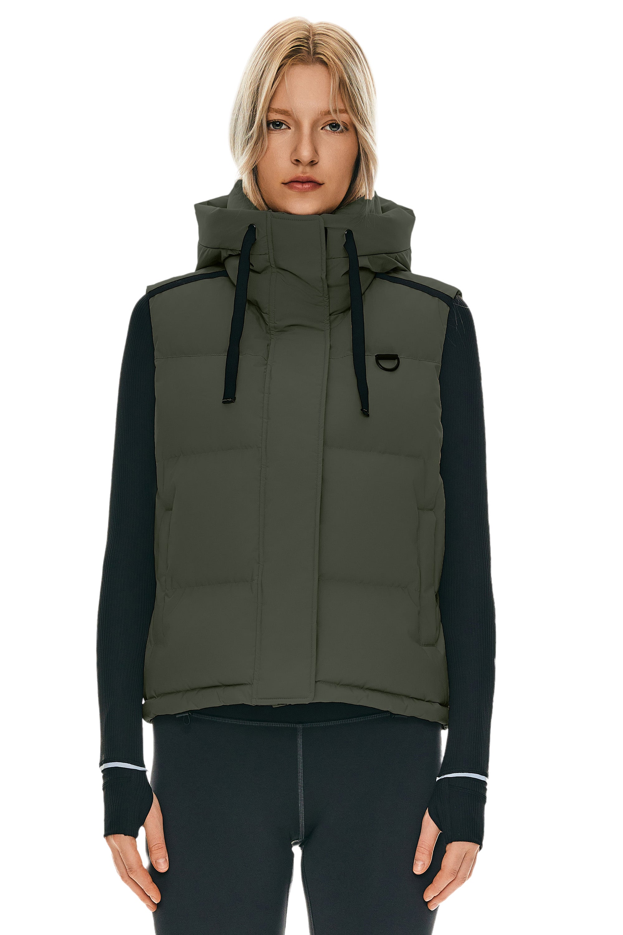 Orolay Puffer Down Vest Hooded Cropped Zip Up #color_dark green