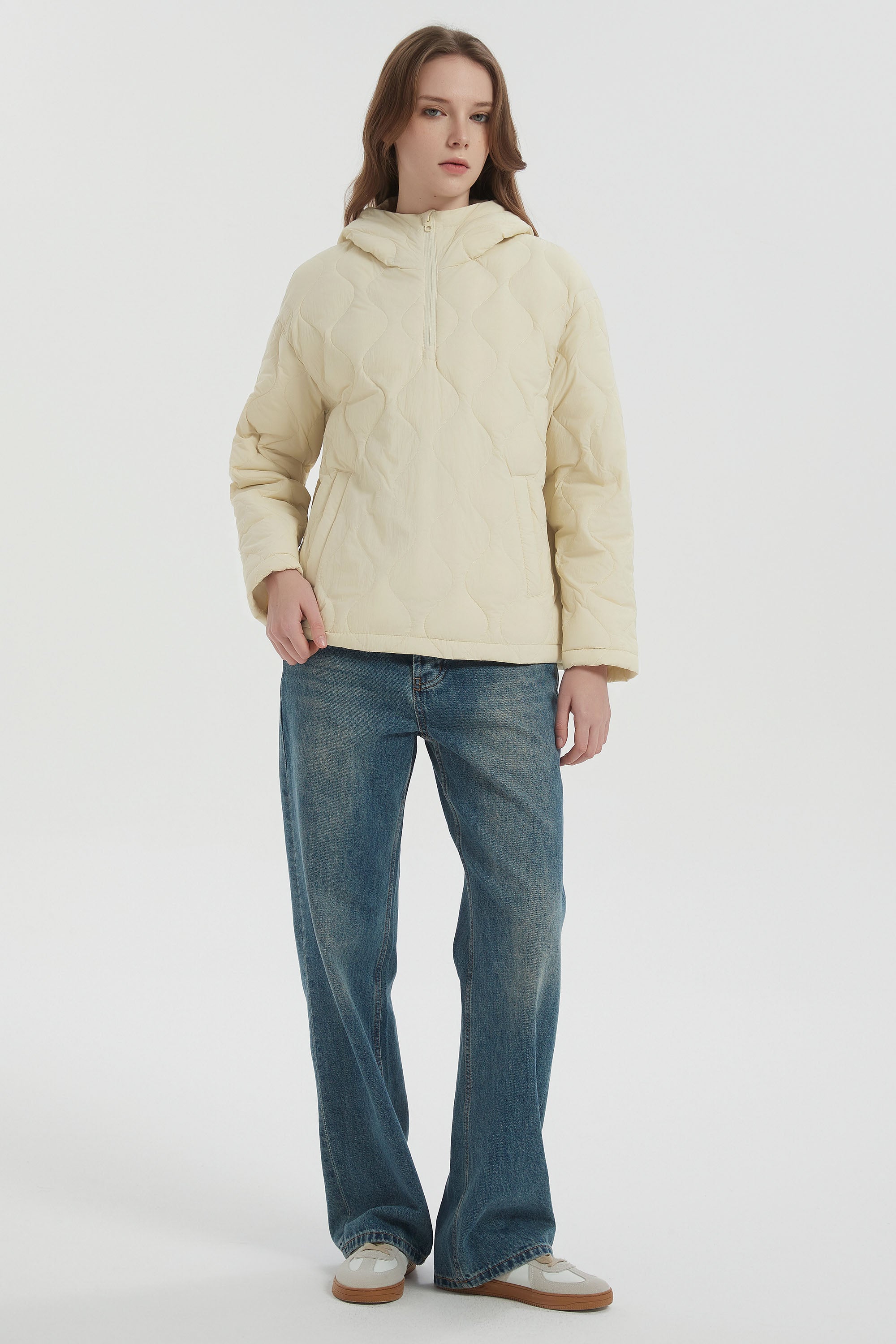 Orolay Puffer Jacket Half Zip Hoodies Coat #color_Beige