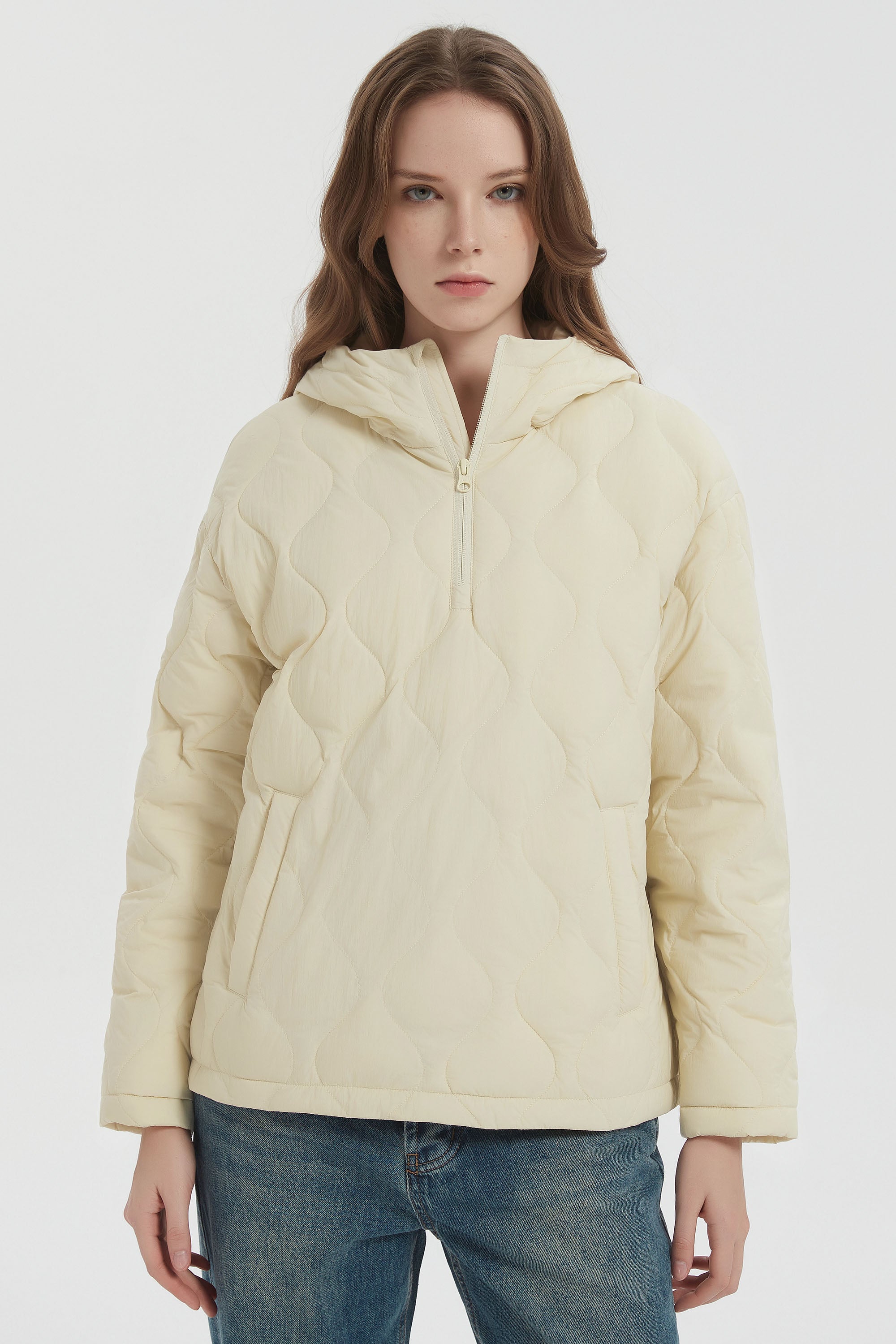 Orolay Puffer Jacket Half Zip Hoodies Coat #color_Beige