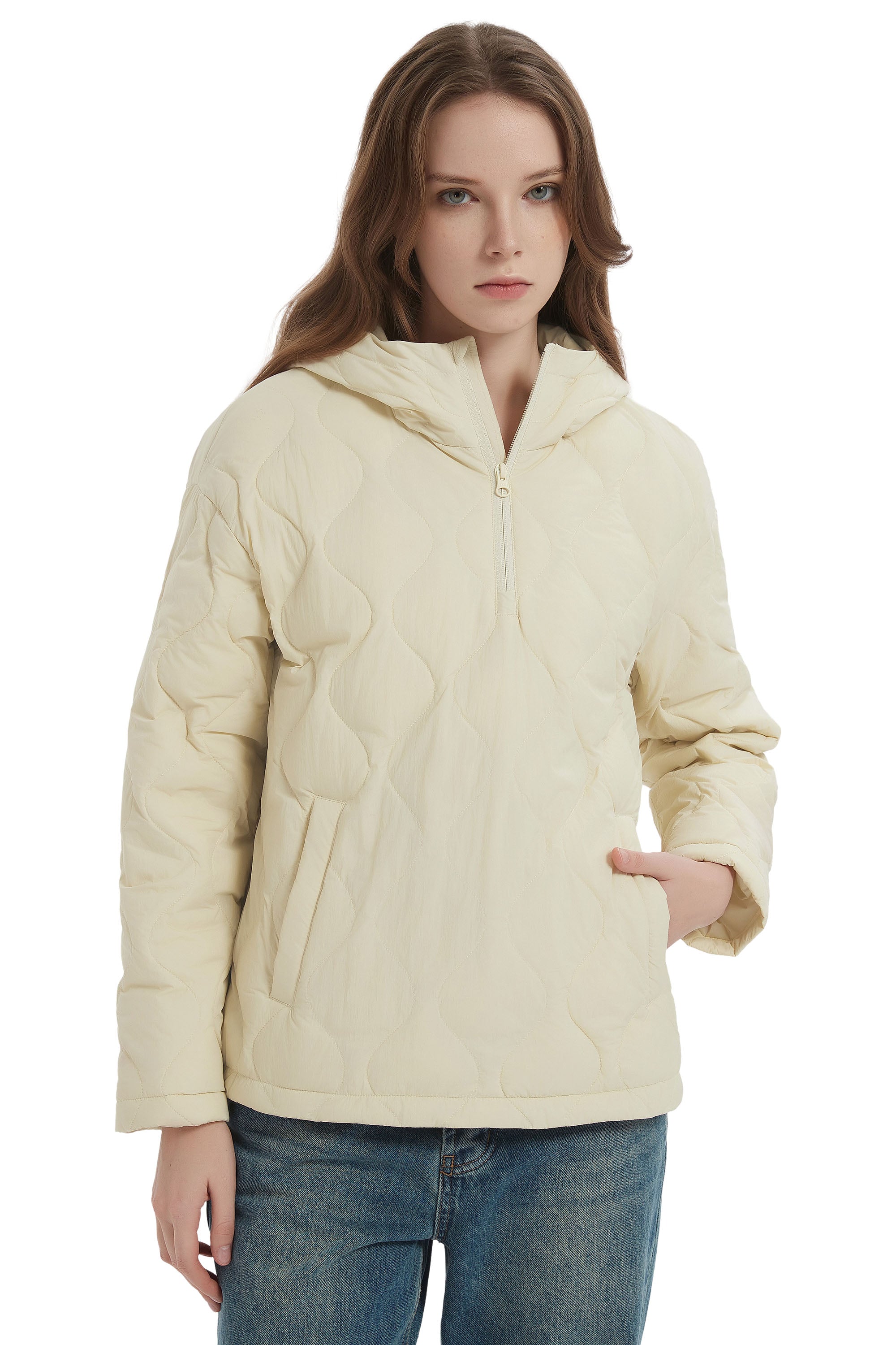 Orolay Puffer Jacket Half Zip Hoodies Coat #color_Beige