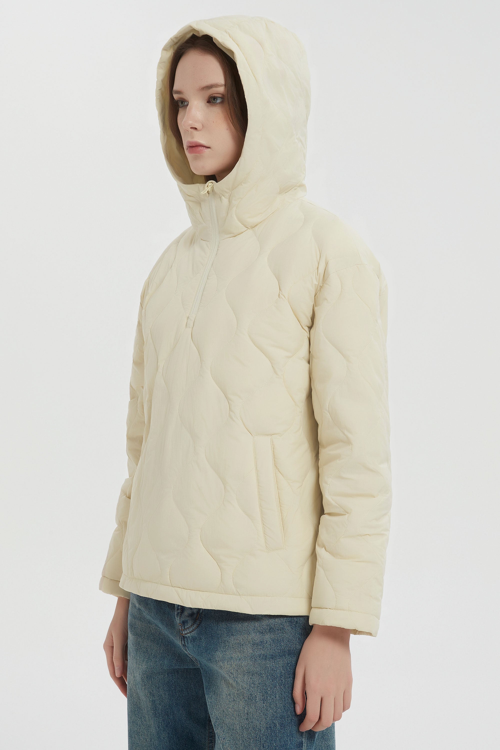 Orolay Puffer Jacket Half Zip Hoodies Coat #color_Beige