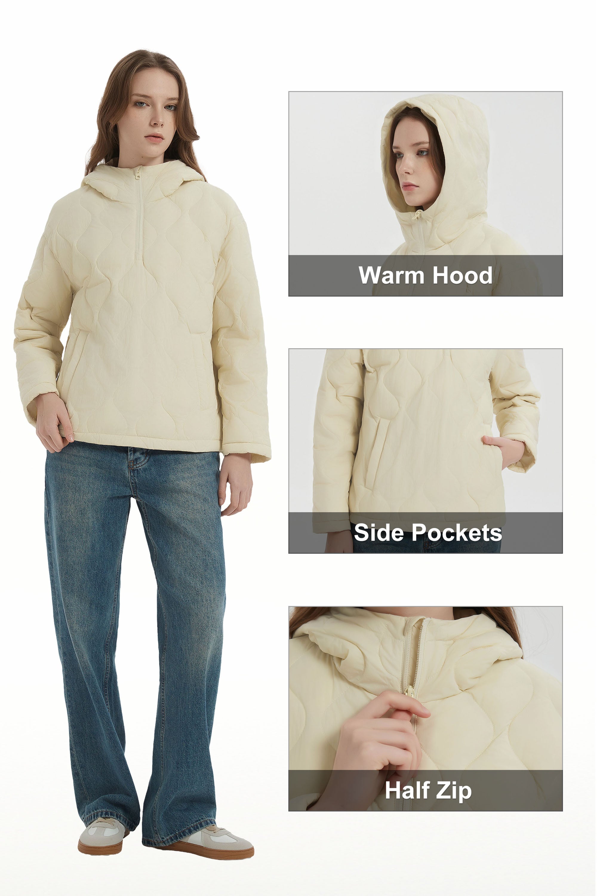 Orolay Puffer Jacket Half Zip Hoodies Coat #color_Beige