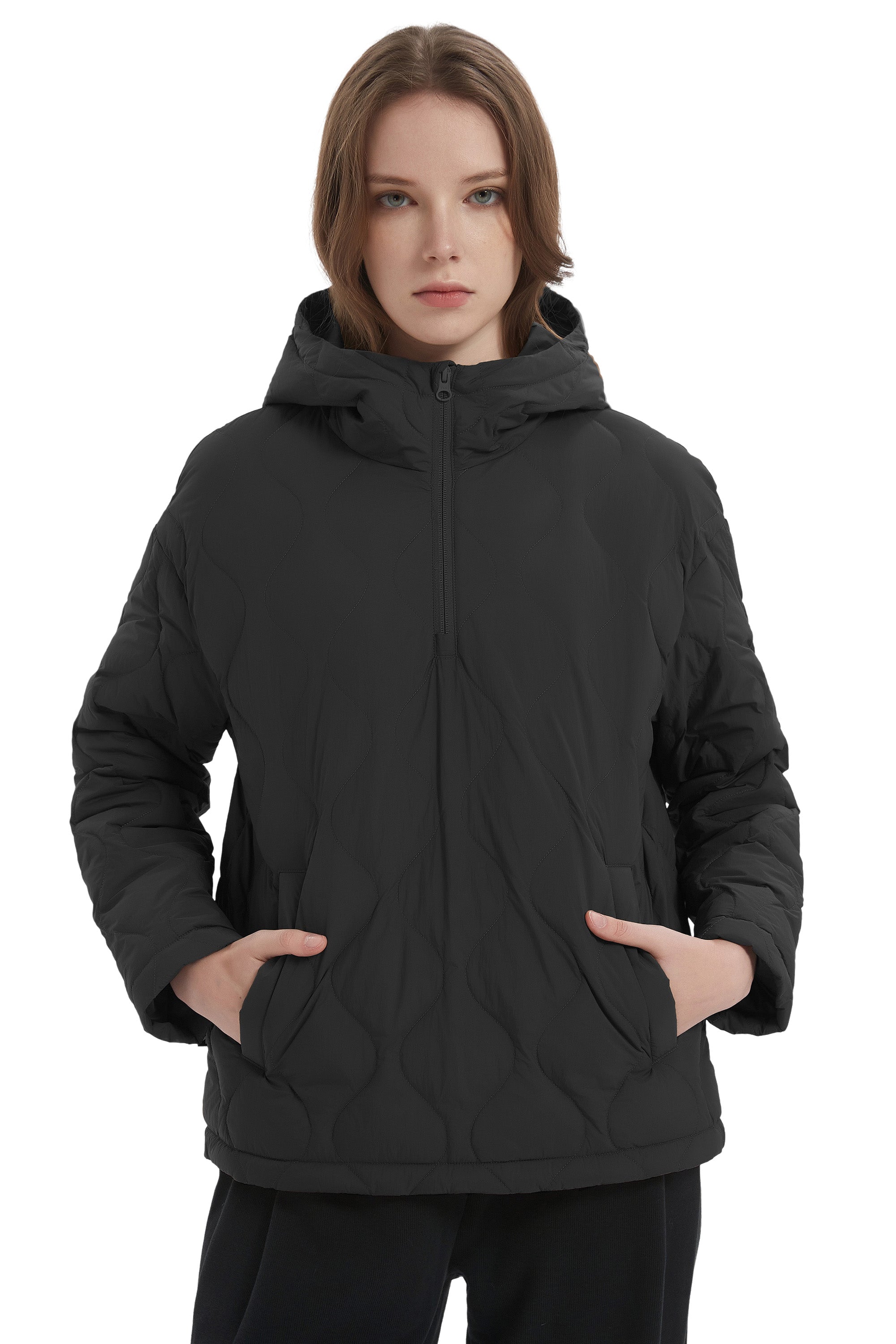 Orolay Puffer Jacket Half Zip Hoodies Coat #color_Black