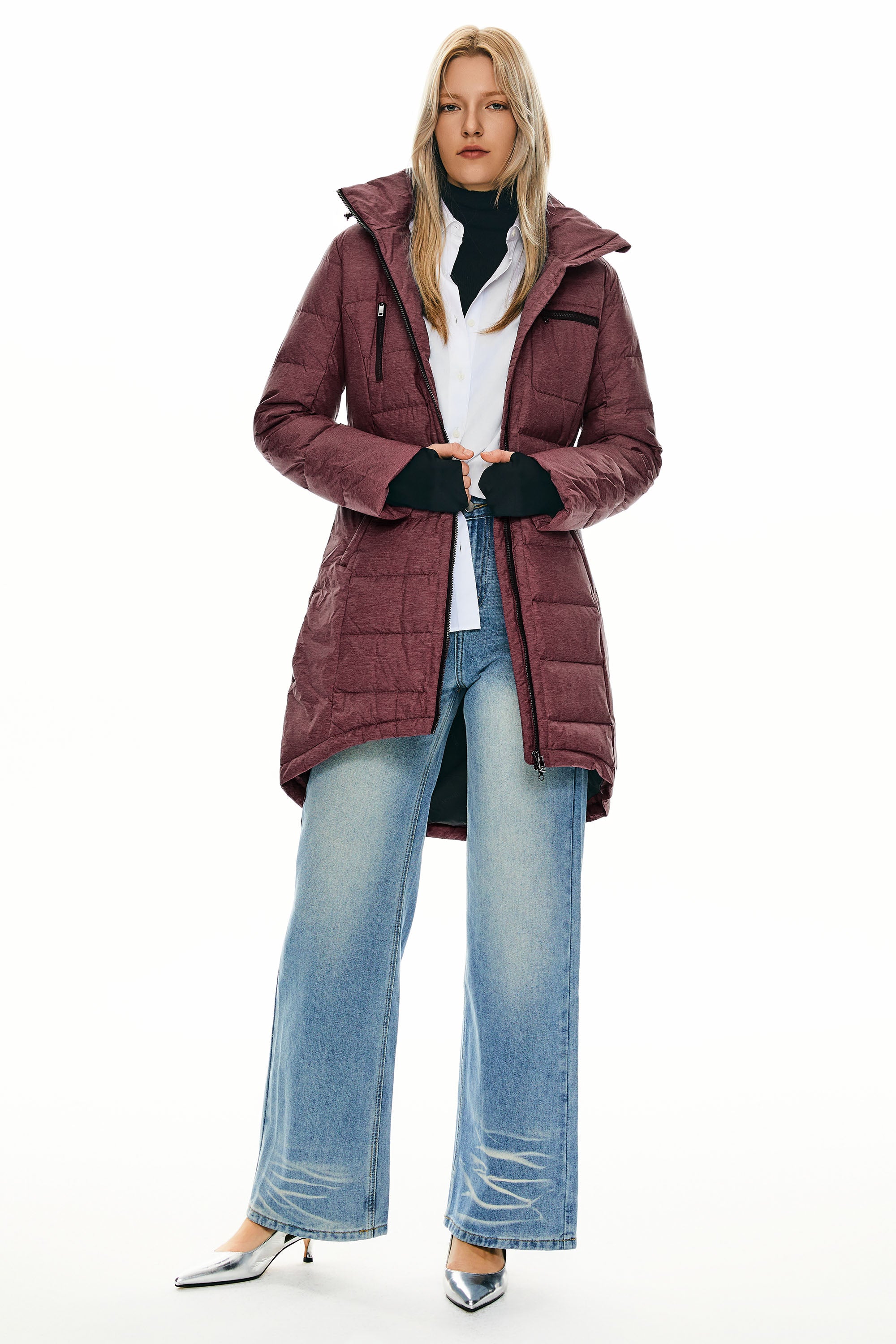 Orolay Slant Pocket Zip up Puffer Down Coat women #color_wine red