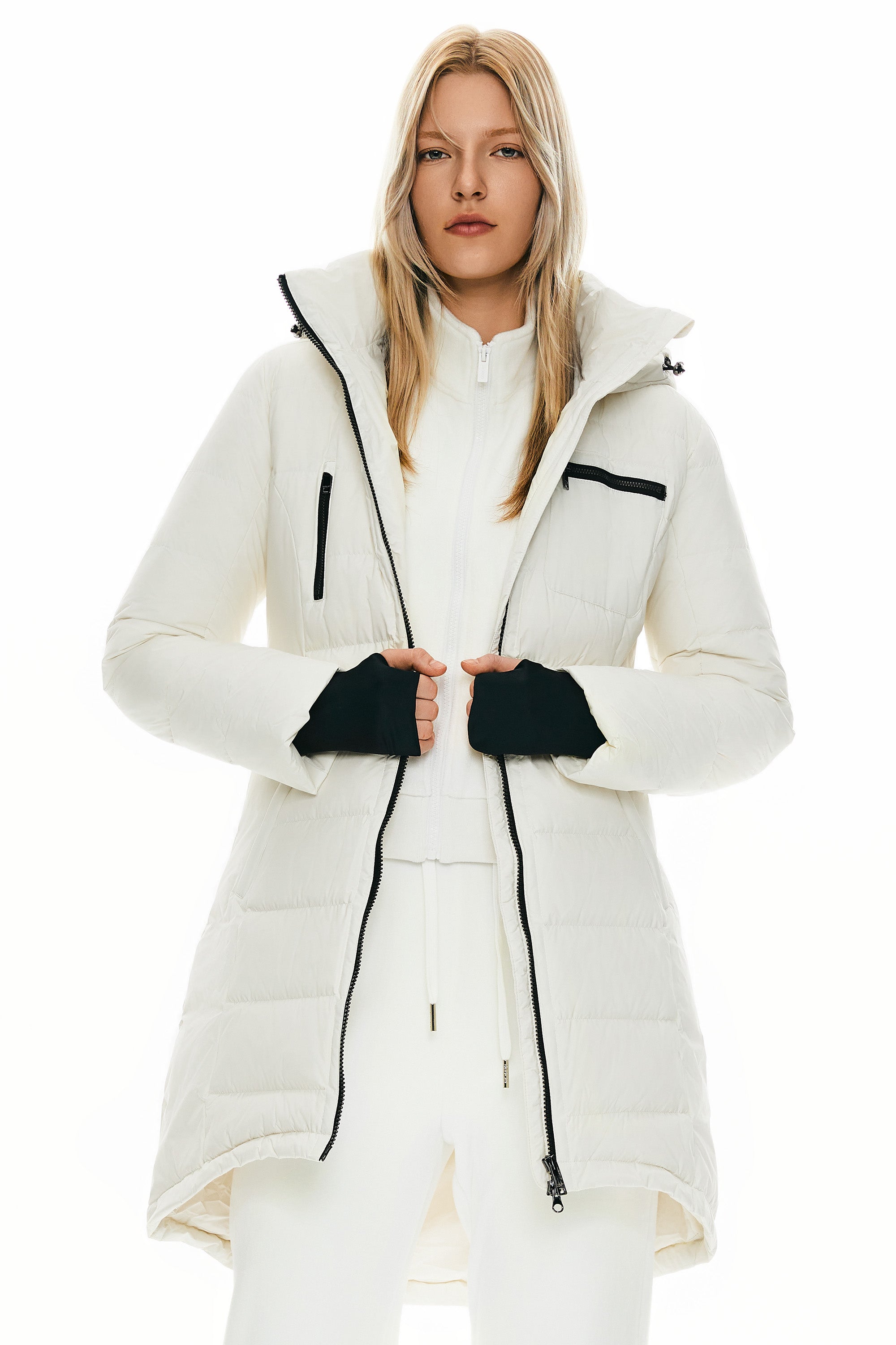 Coat-Orolay Slant Pocket Zip up Puffer Down Coat women #color_Off-white