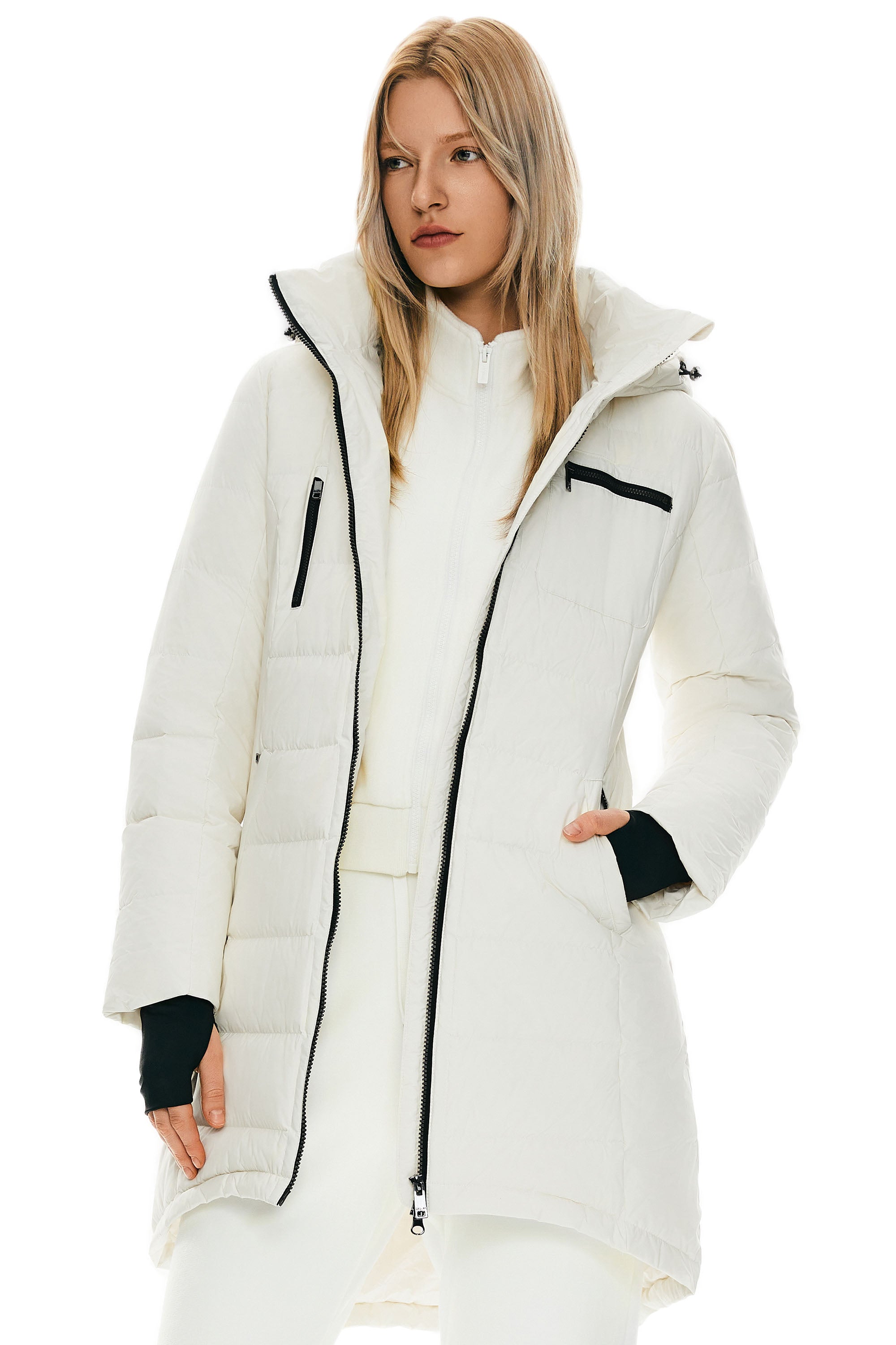 Coat-Orolay Slant Pocket Zip up Puffer Down Coat women #color_Off-white
