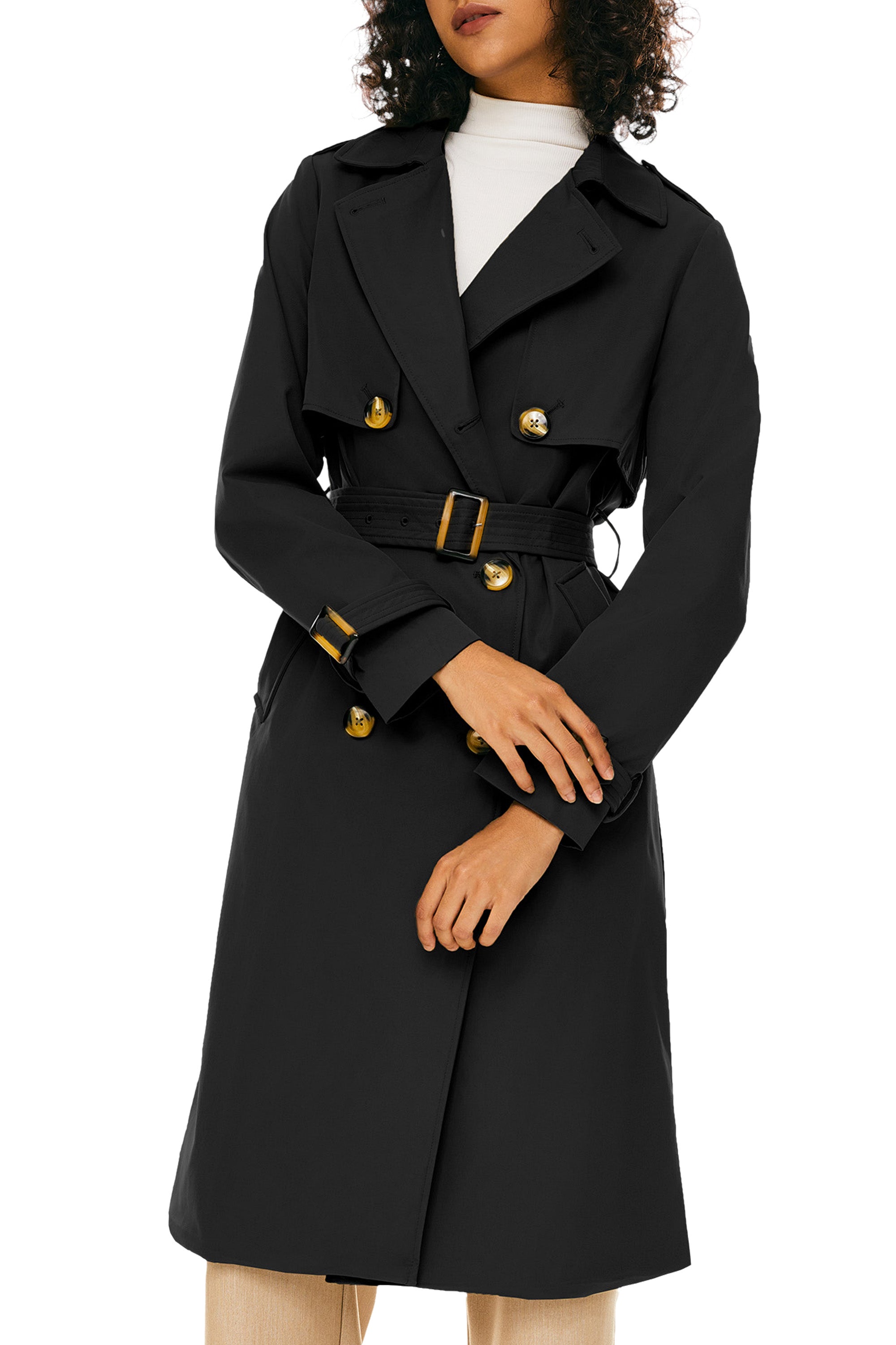 Trench-women 3/4 Belted Double-Breasted Trench from Orolay #color_Black