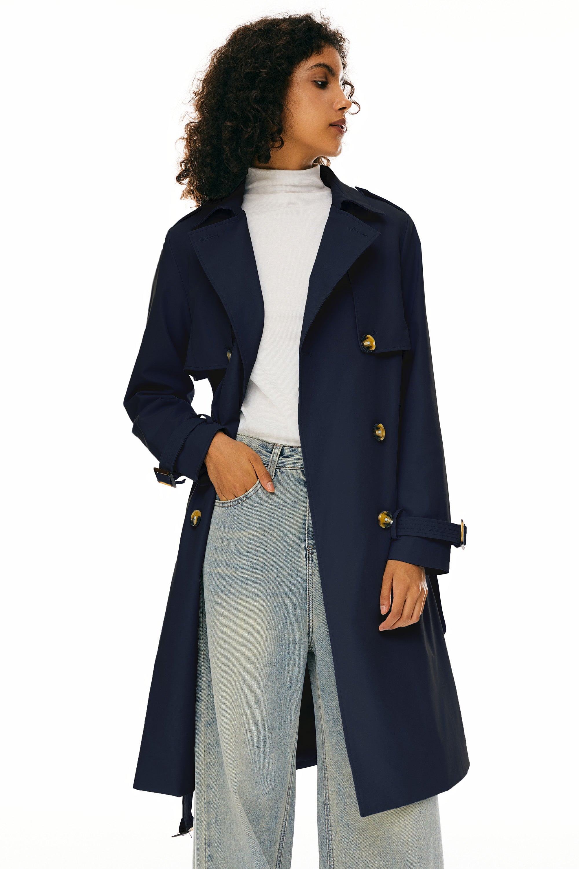 Trench-women 3/4 Belted Double-Breasted Trench from Orolay #color_Beacon Blue