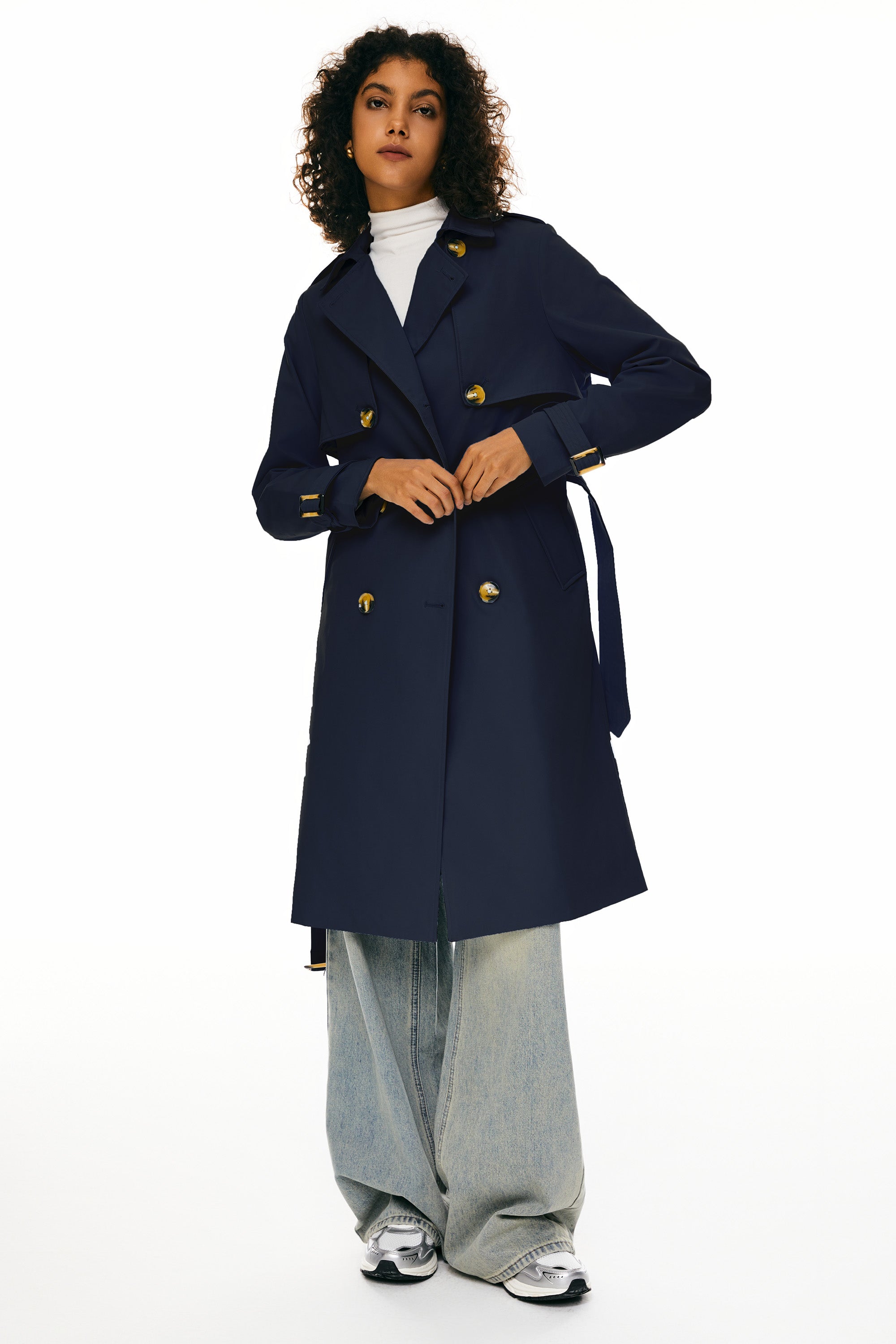 Trench-women 3/4 Belted Double-Breasted Trench from Orolay #color_Beacon Blue