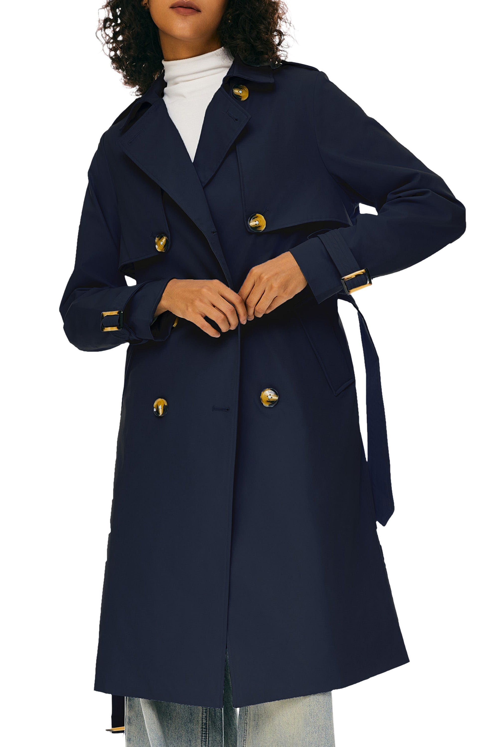 Trench-women 3/4 Belted Double-Breasted Trench from Orolay #color_Beacon Blue