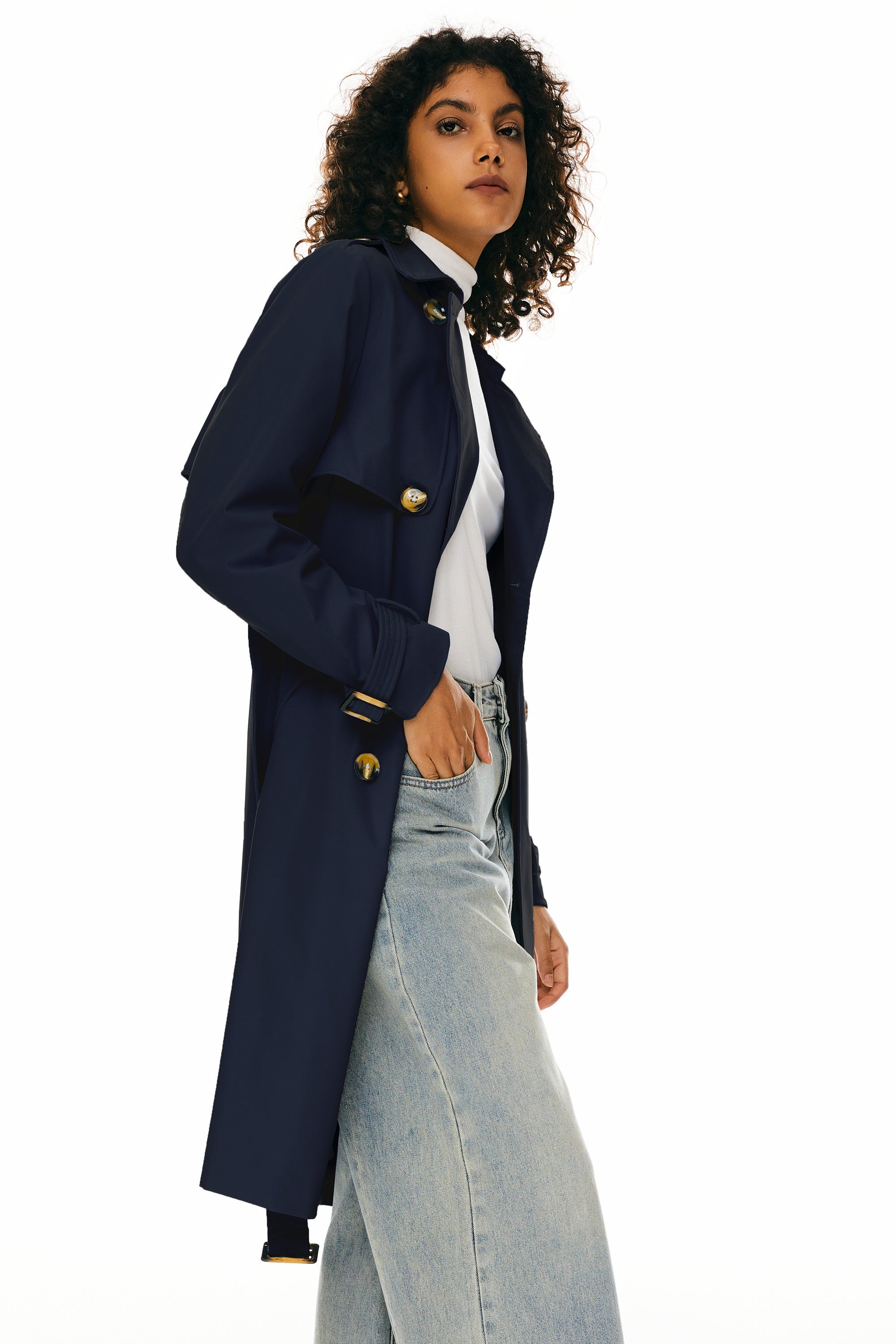 Trench-women 3/4 Belted Double-Breasted Trench from Orolay #color_Beacon Blue
