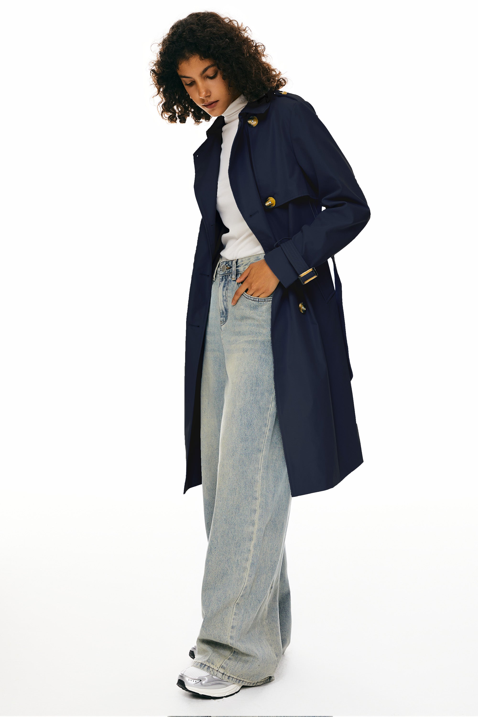 Trench-women 3/4 Belted Double-Breasted Trench from Orolay #color_Beacon Blue