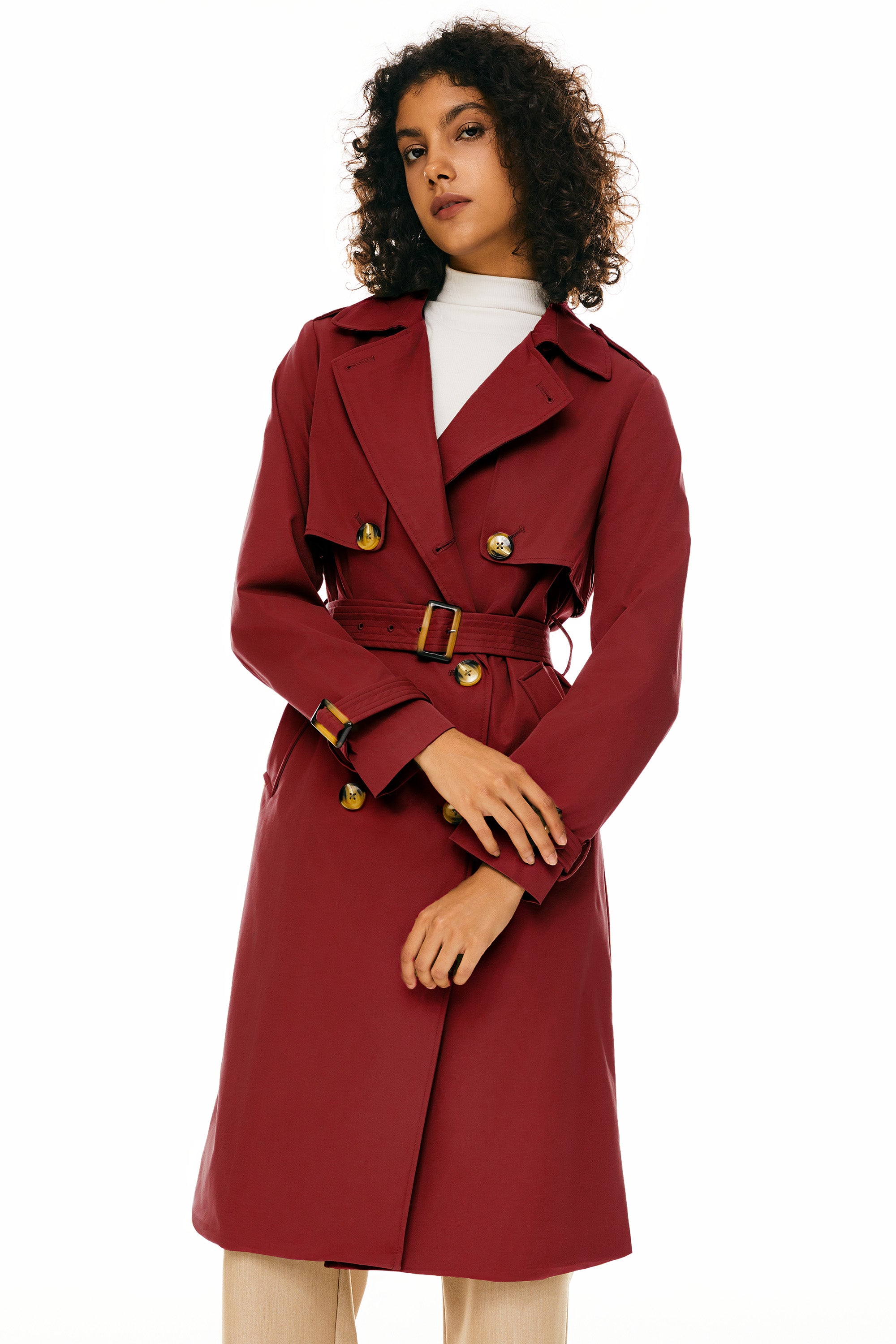 Trench-women 3/4 Belted Double-Breasted Trench from Orolay #color_Tango Red