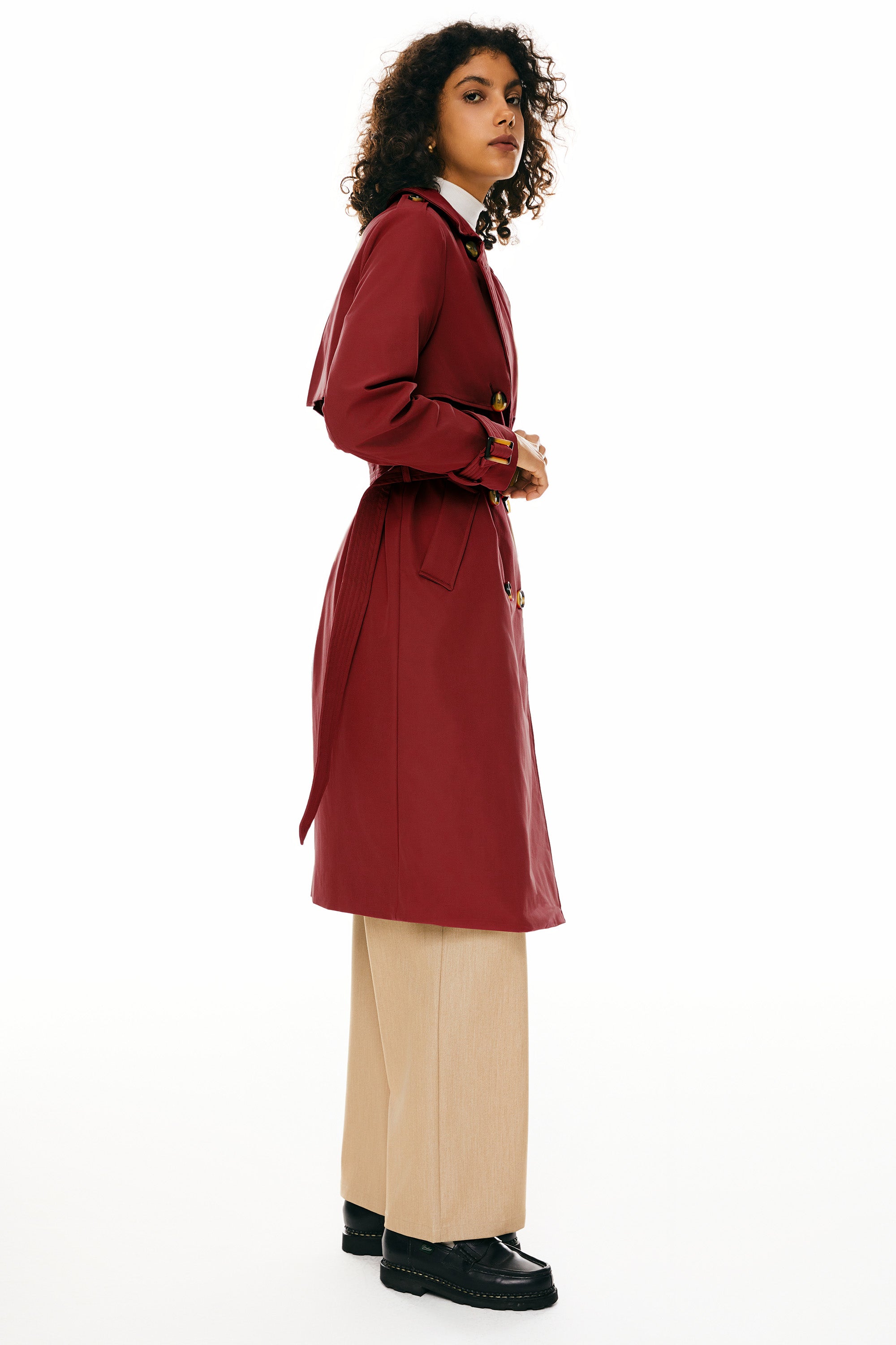 Trench-women 3/4 Belted Double-Breasted Trench from Orolay #color_Tango Red