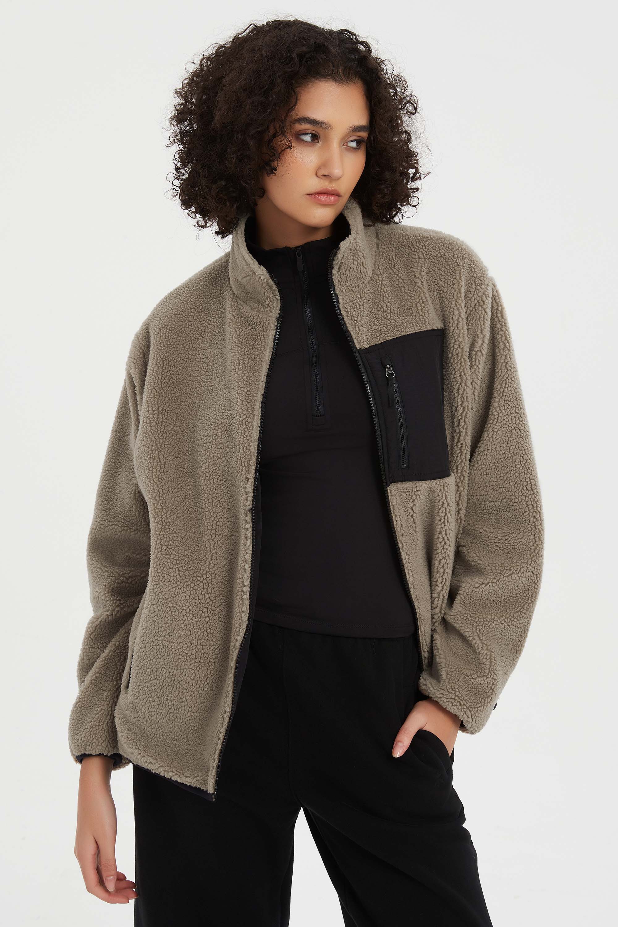 Reversible Fleece Jackets Full Zip Long Sleeve #color_Khaki