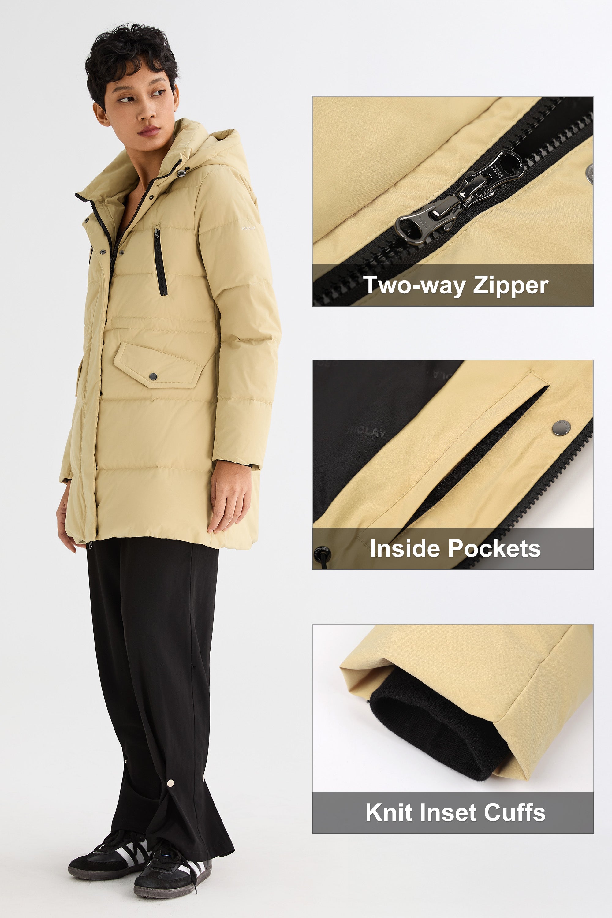 Orolay-Waterproof Thickened Down Jacket with Hood-#color_Frosted Almond