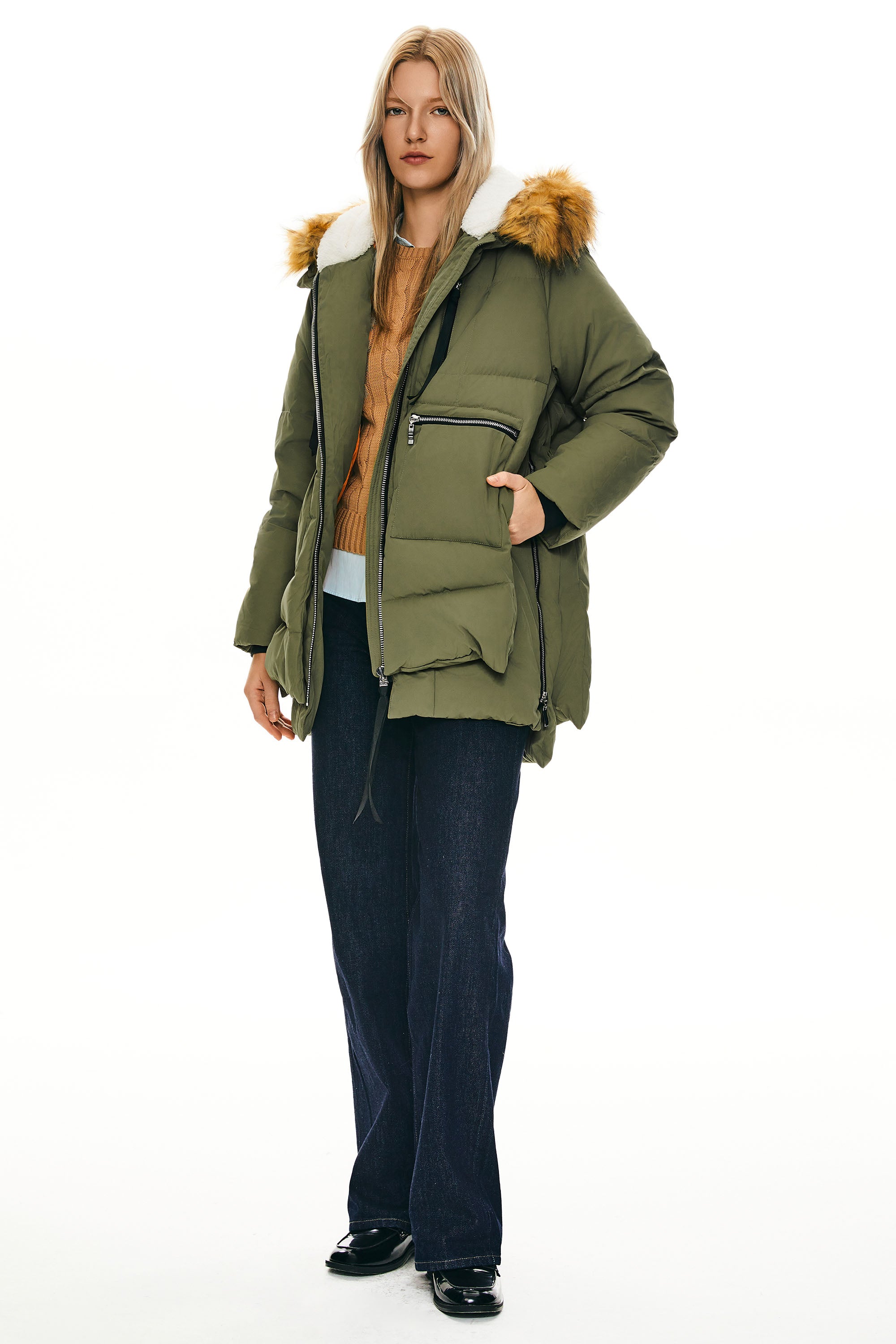Orolay-092 Classics Thickened Down Jacket with Faux Fur Hood #color_green