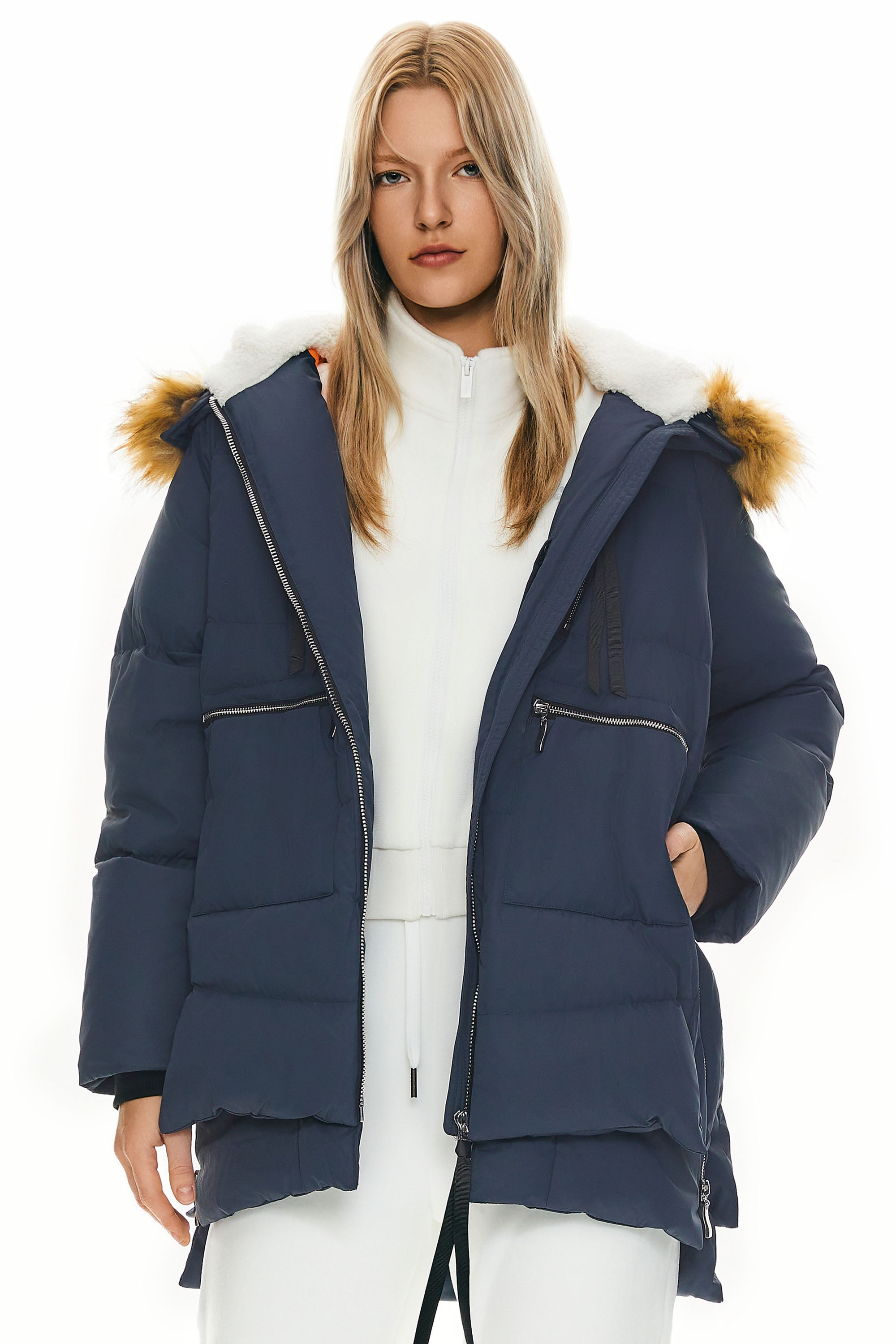 Orolay 092 Classics Thickened Down Jacket with Faux Fur Hood women #color_navy