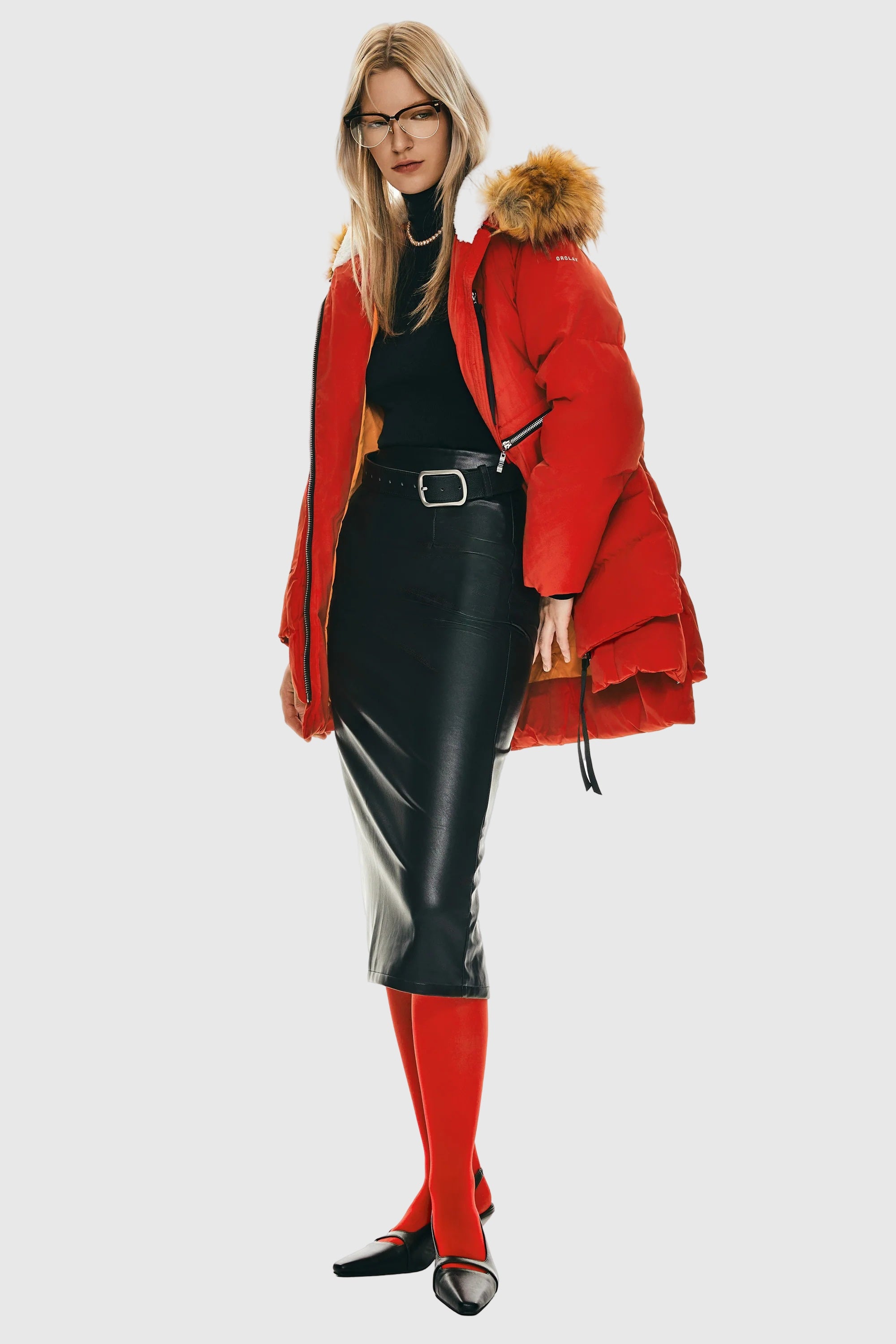 Orolay-092 Classics Thickened Down Jacket with Faux Fur Hood #color_Red