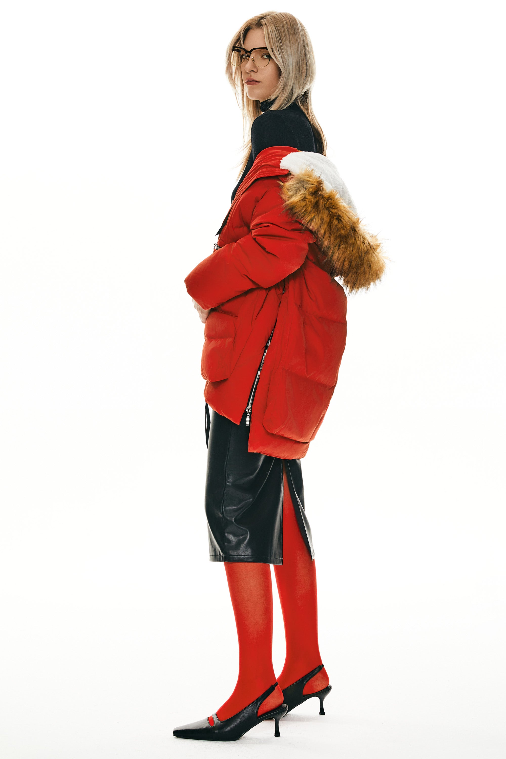 Orolay-092 Classics Thickened Down Jacket with Faux Fur Hood #color_Red