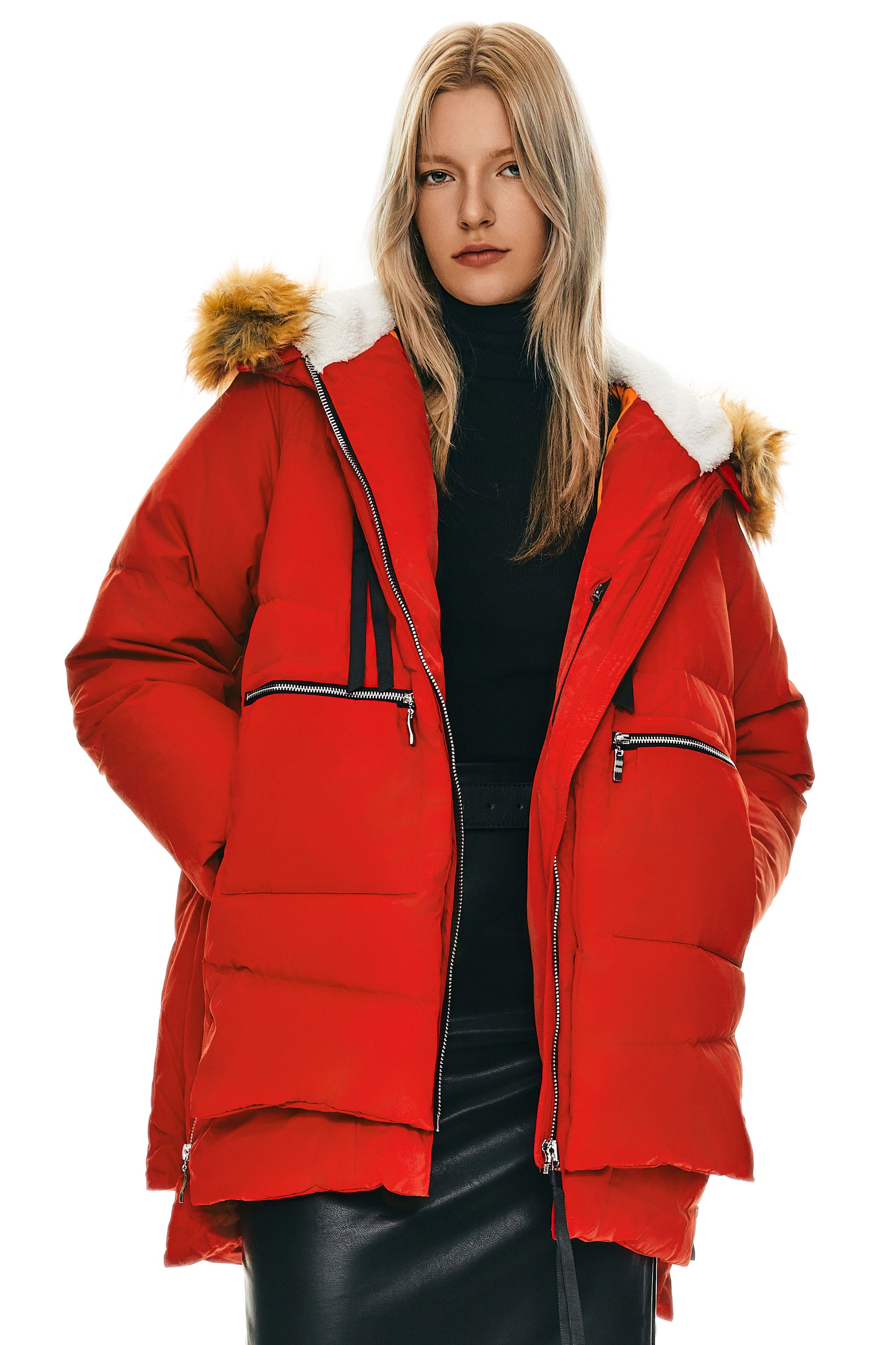 Orolay-092 Classics Thickened Down Jacket with Faux Fur Hood #color_Red