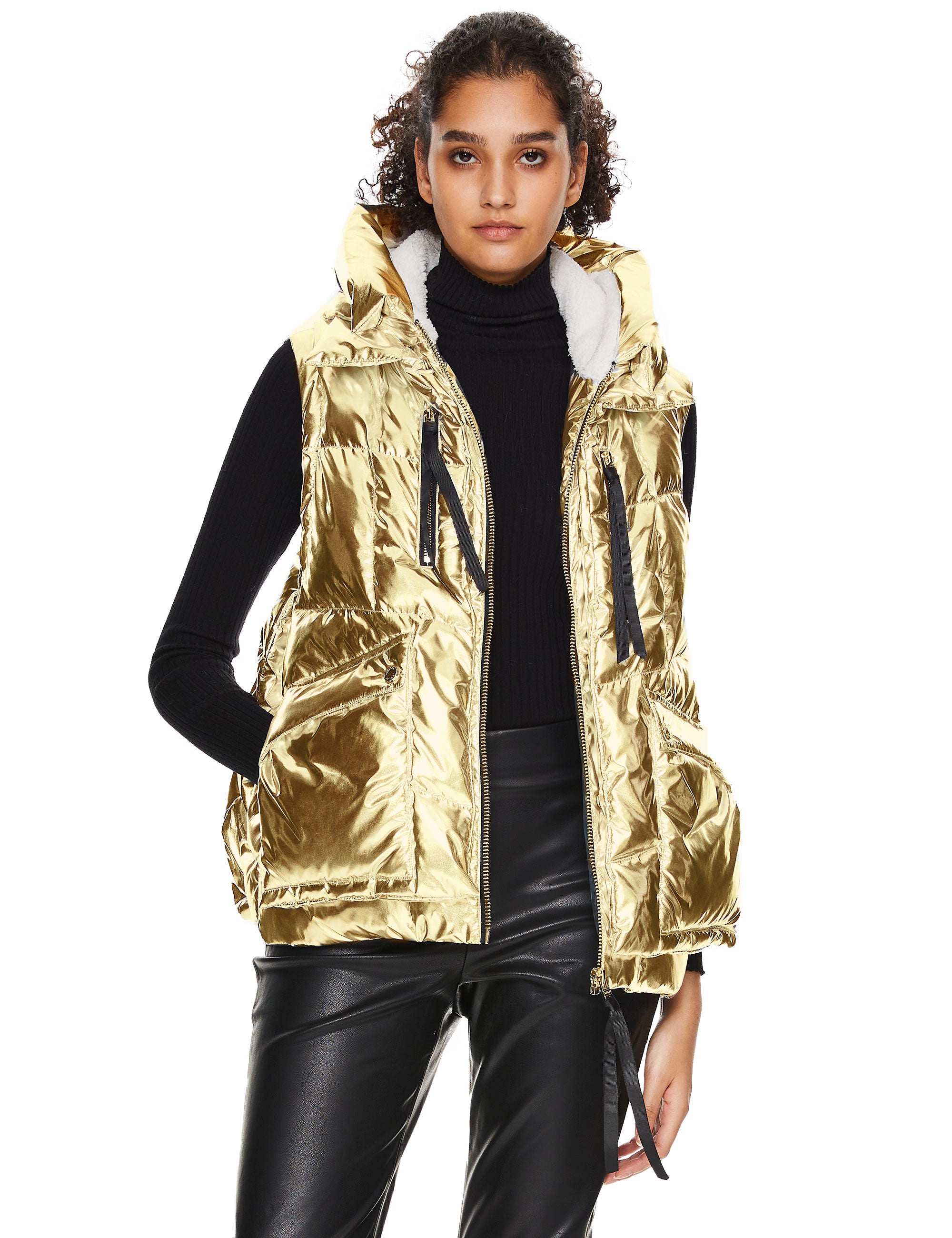 Orolay-092 Cosmos Cropped Chrome Down Vest-#color_Metallic Golden