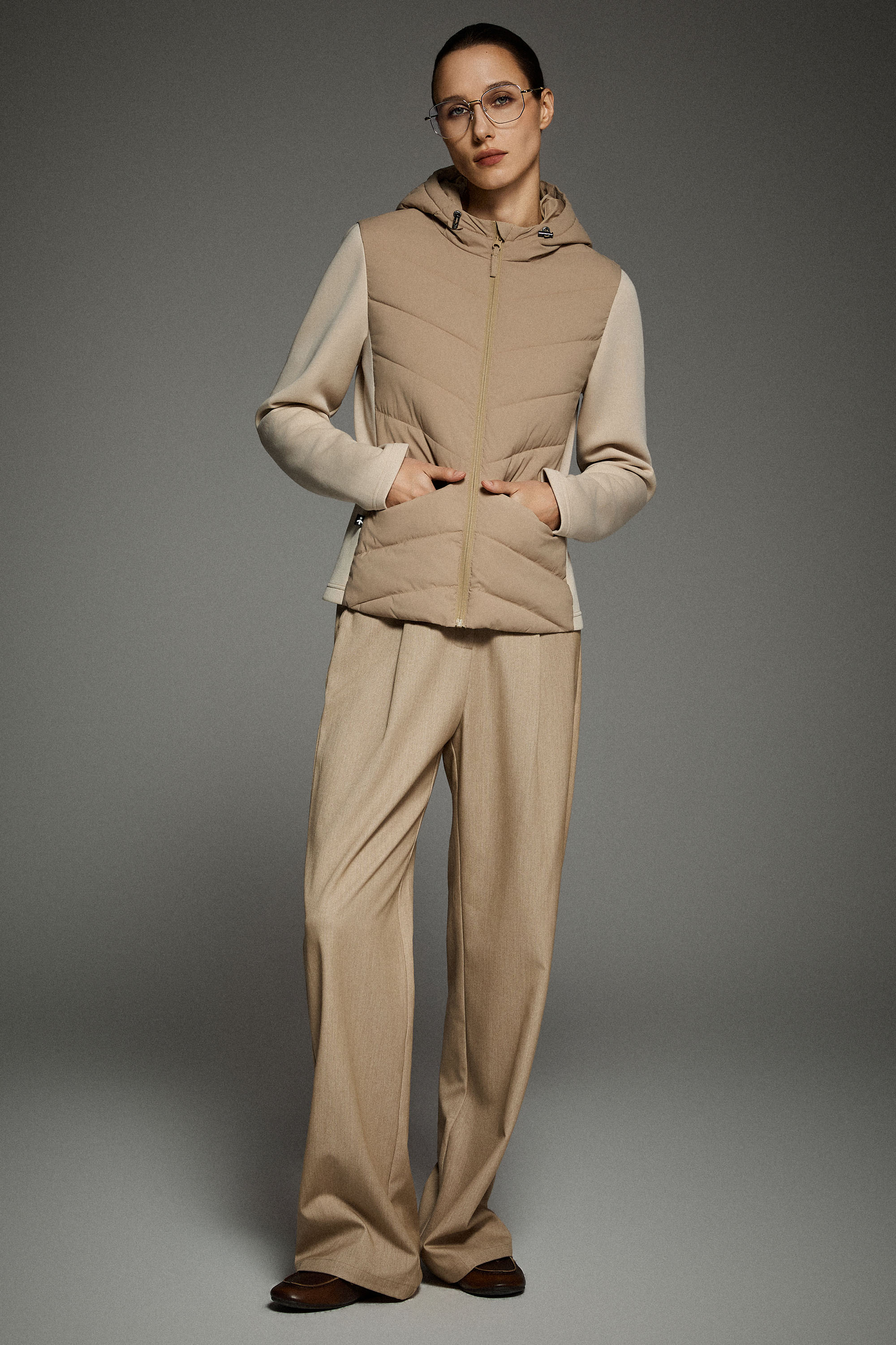 Structured Paneled Puffer Jacket with Hood #color_khaki