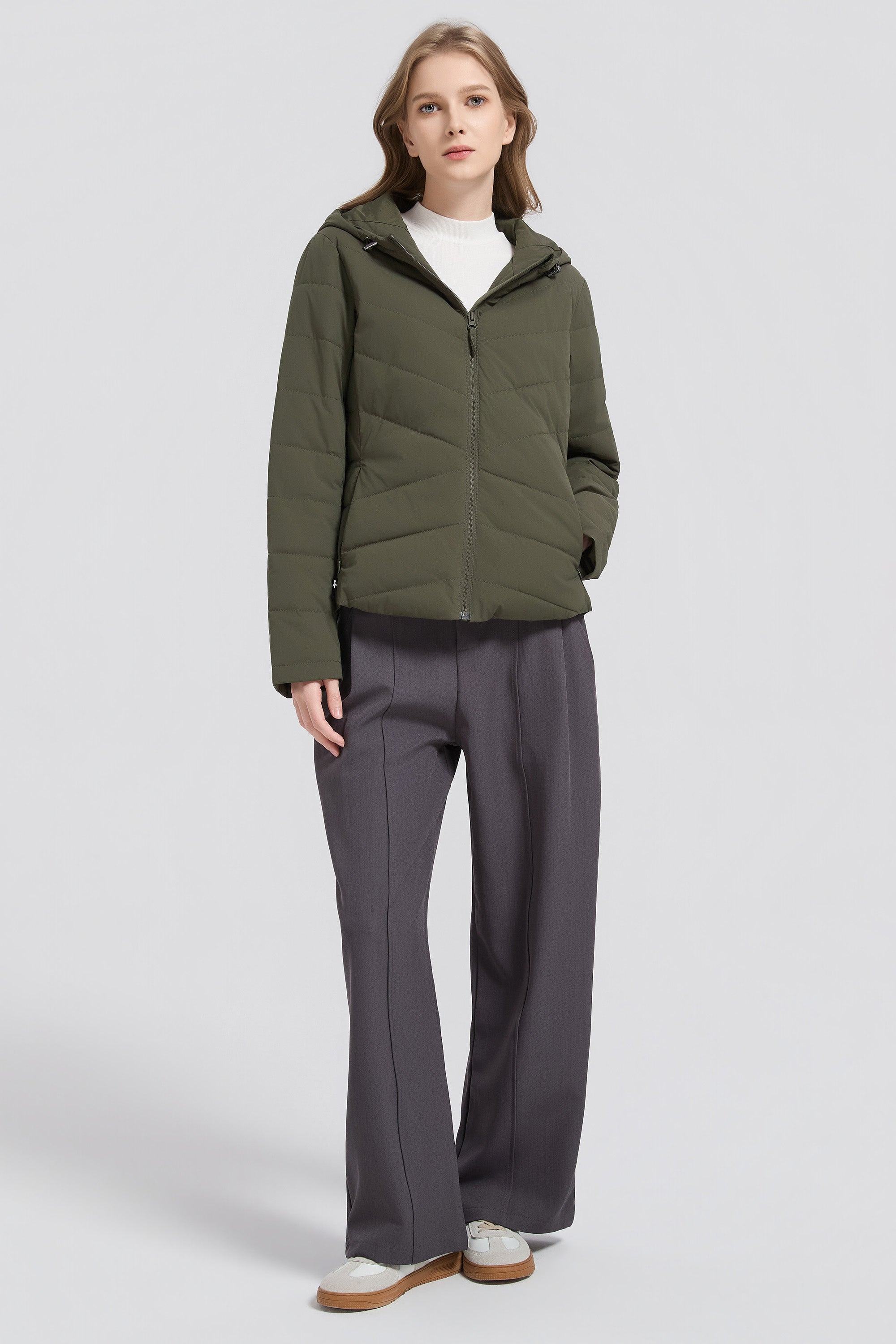 Flattering Quilted Puffer Lightweight Jacket with Hood #color_olive