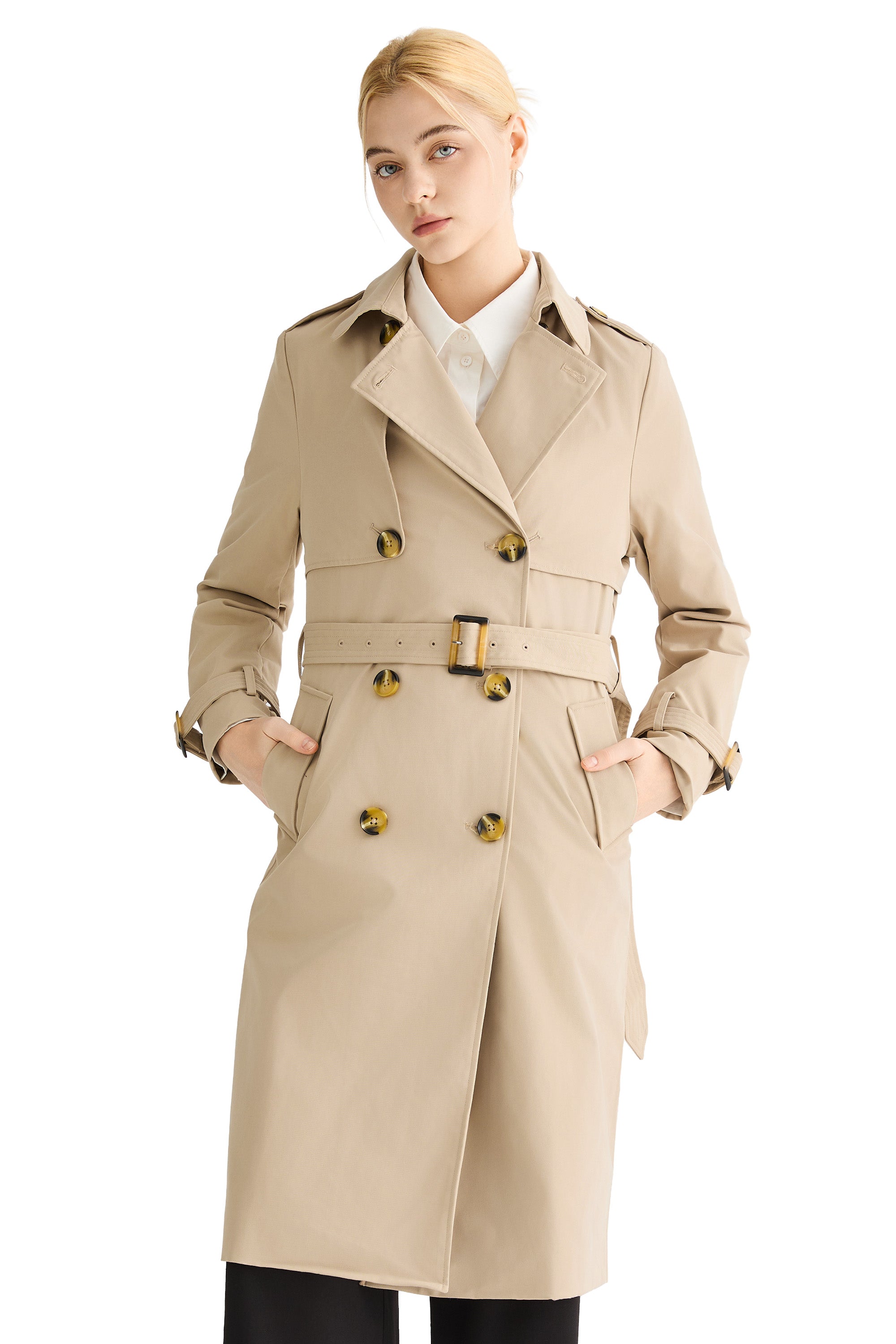 women 3/4 Belted Double-Breasted Trench from Orolay - #color_Frosted Almond