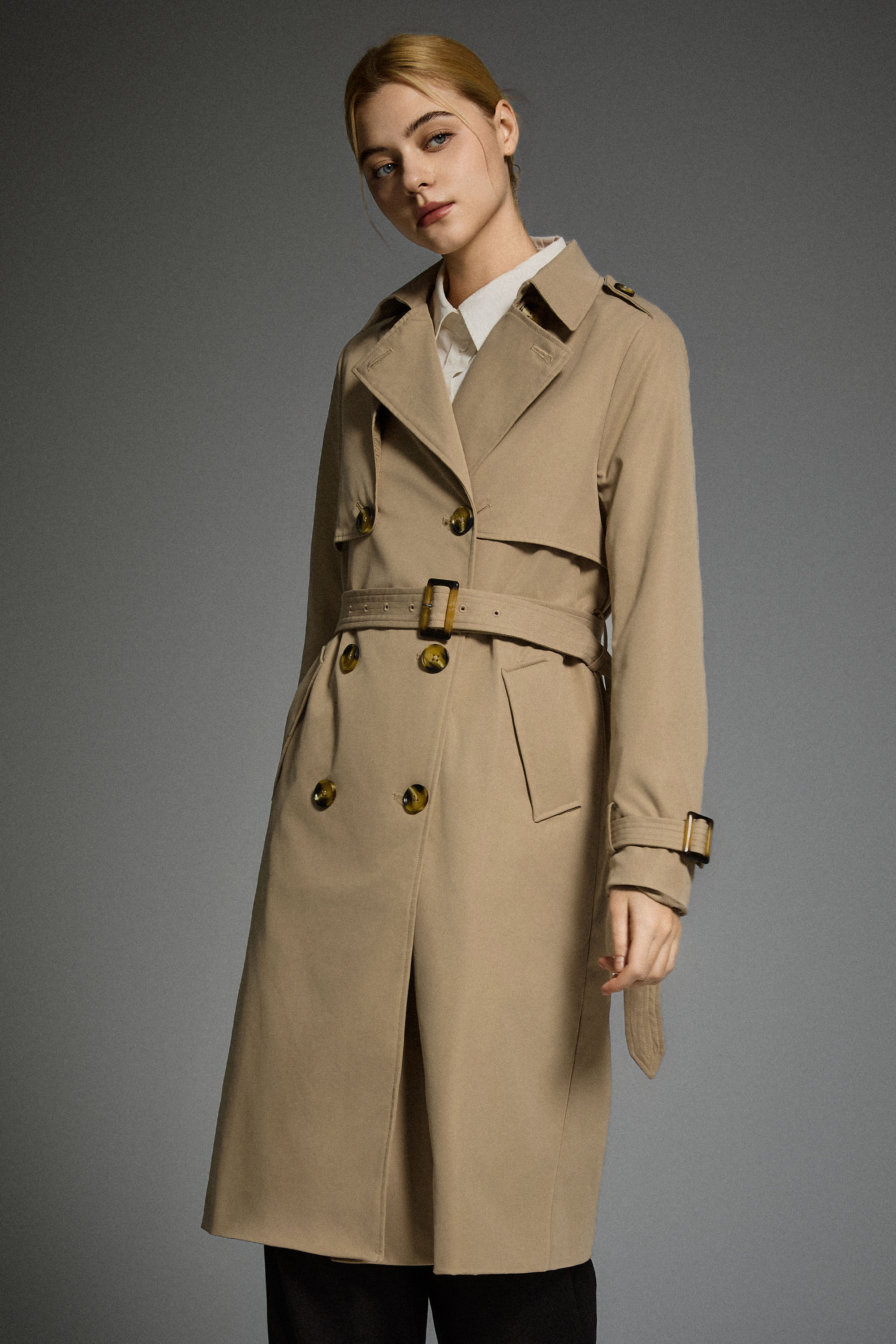 women 3/4 Belted Double-Breasted Trench from Orolay - #color_Frosted Almond