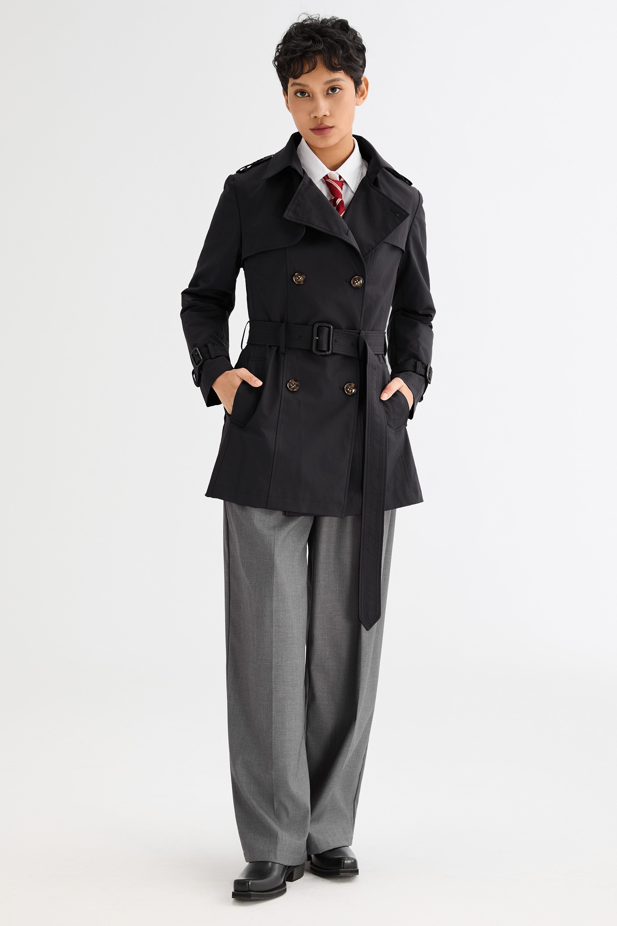 Orolay-3/4 Double-Breasted Short Trench-#color_Black