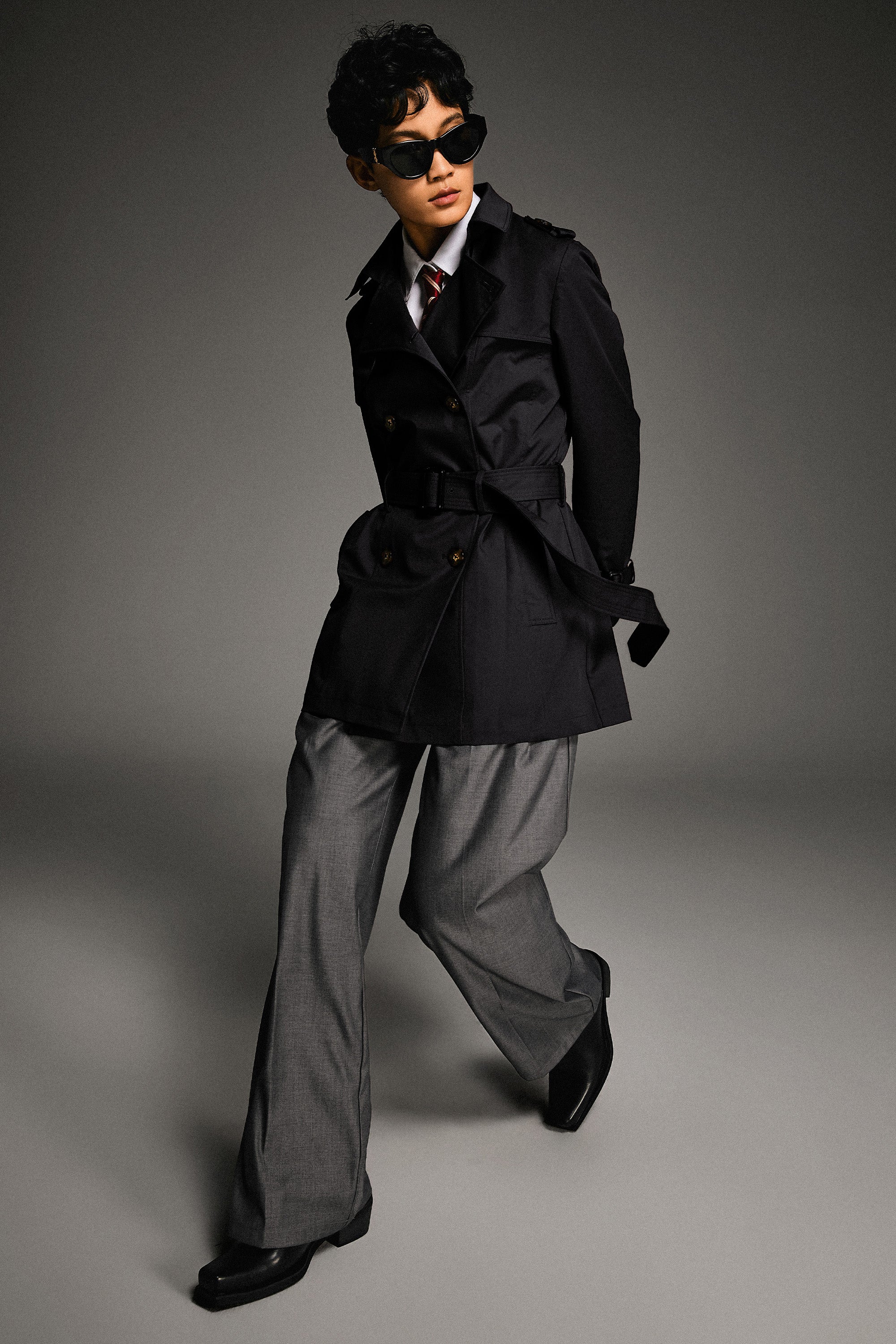 Orolay-3/4 Double-Breasted Short Trench-#color_Black