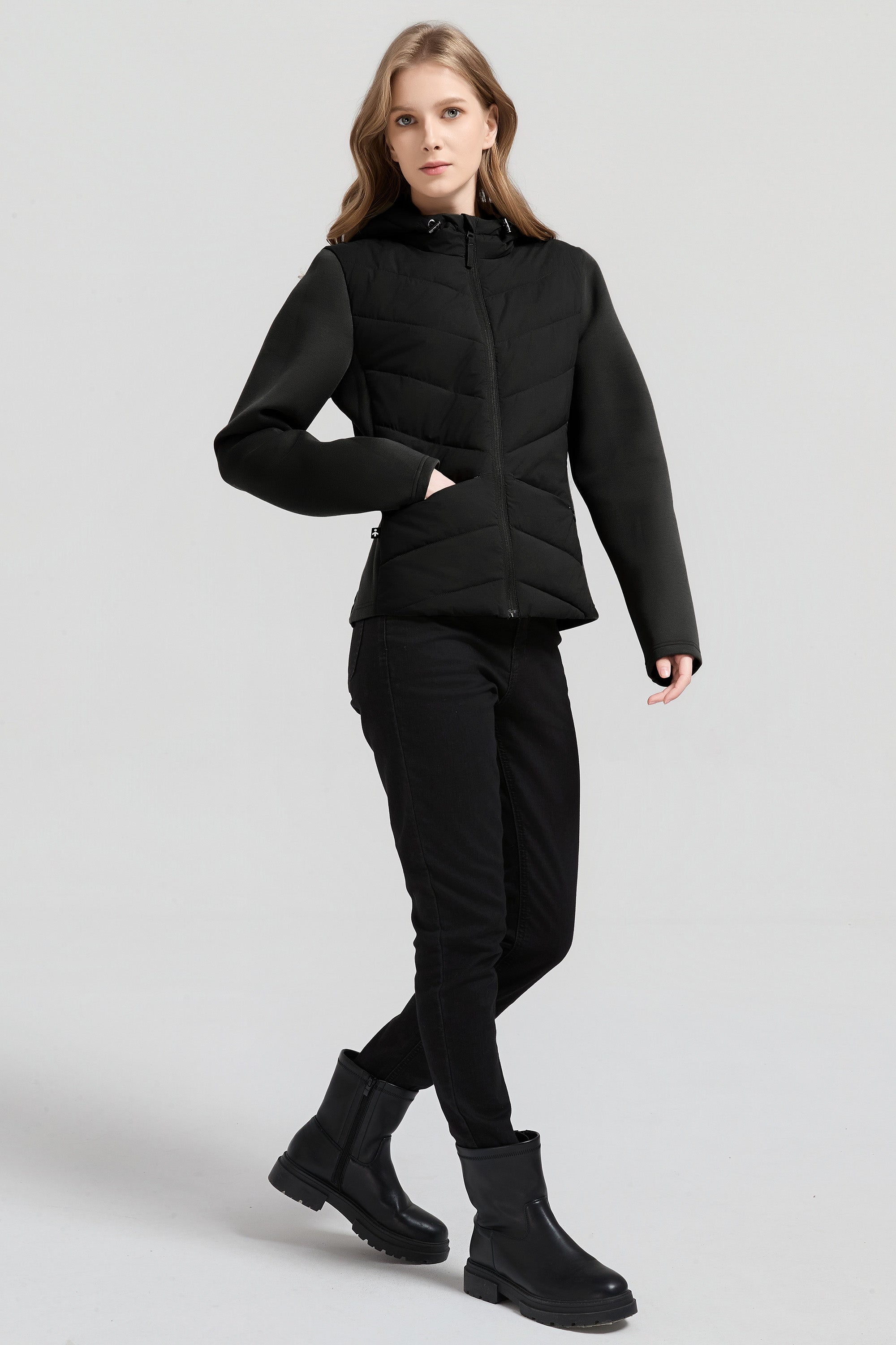Structured Paneled Puffer Jacket with Hood #color_black