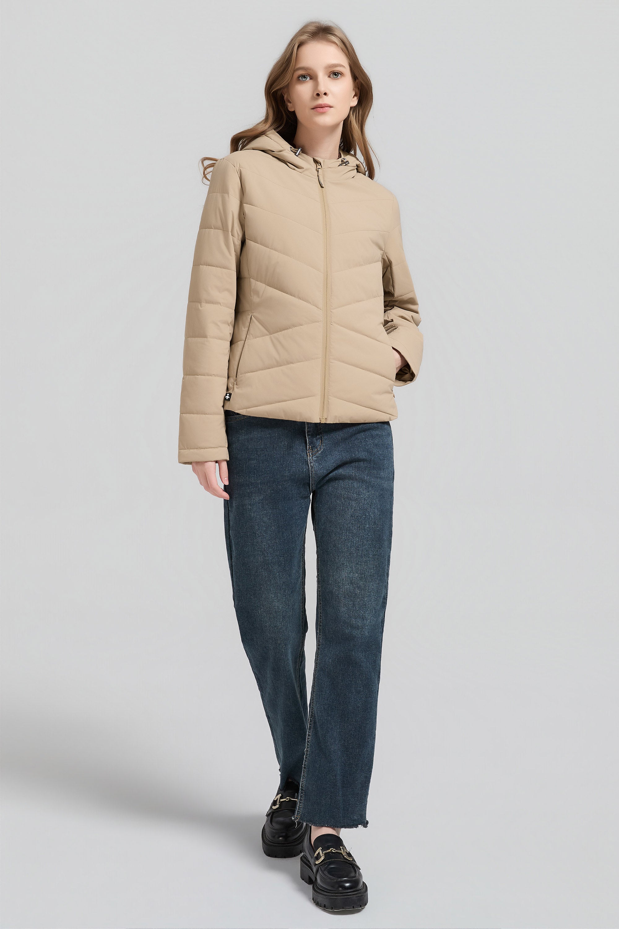 Flattering Quilted Puffer Lightweight Jacket with Hood #color_khaki