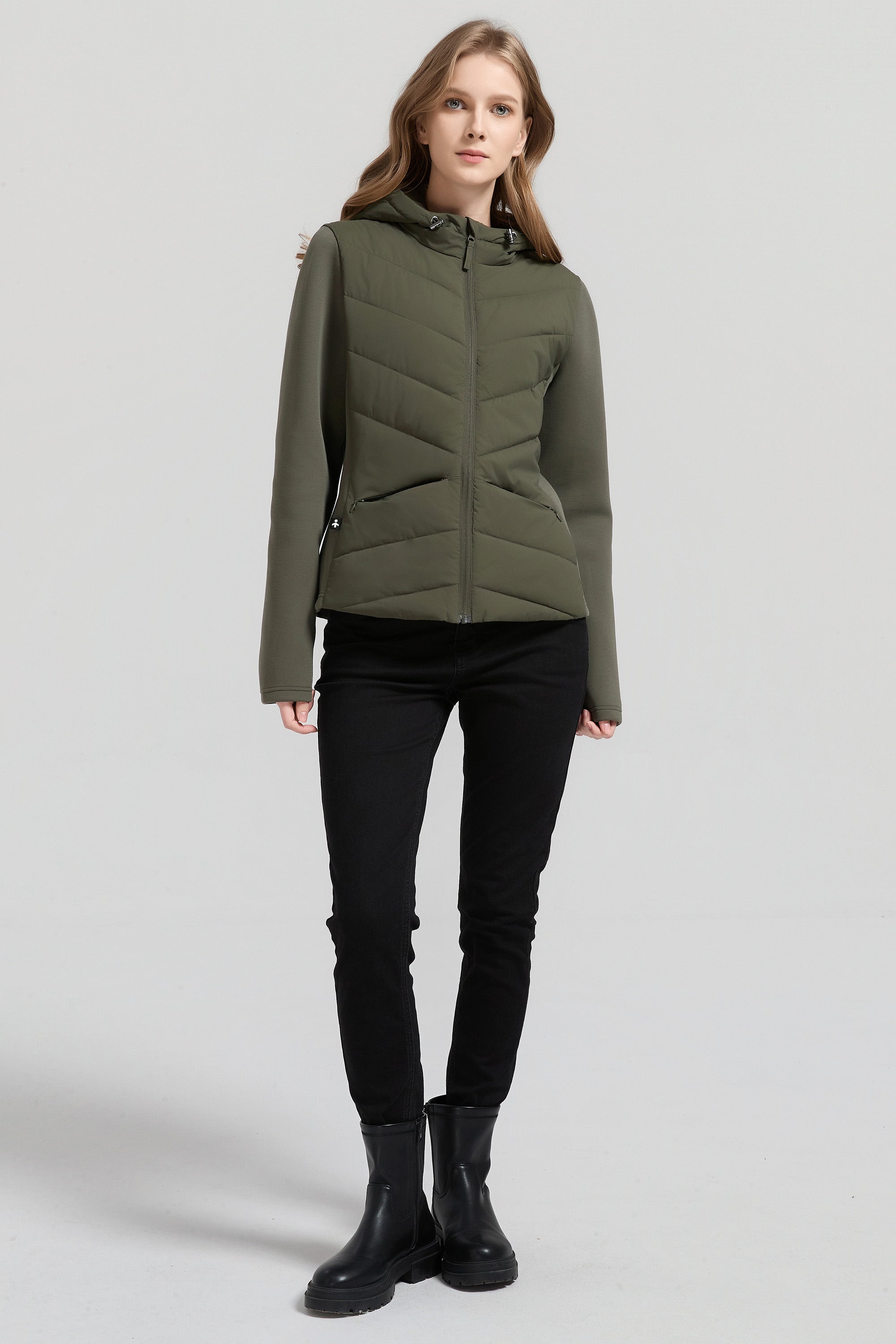 Structured Paneled Puffer Jacket with Hood #color_olive