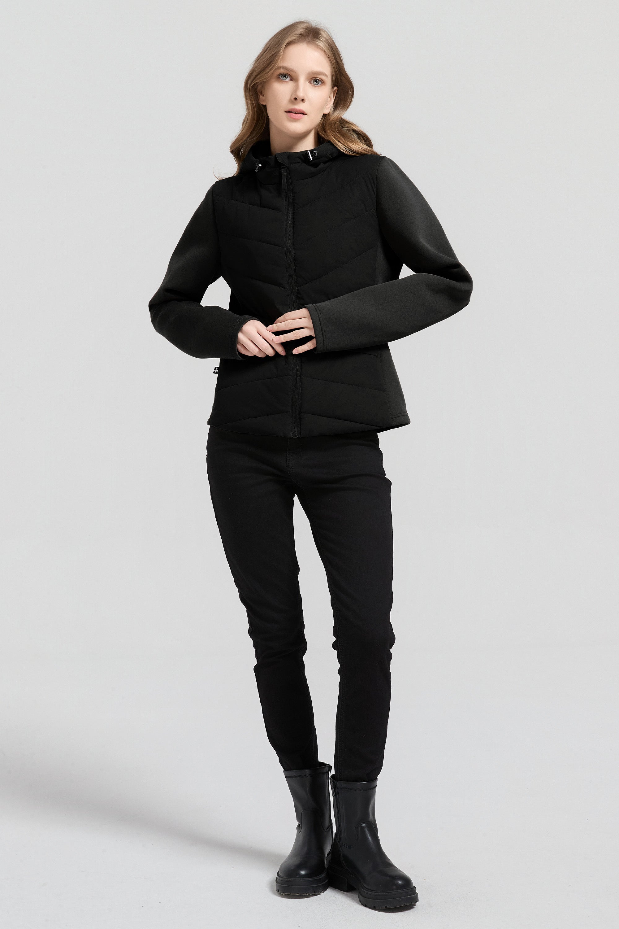 Structured Paneled Puffer Jacket with Hood #color_black