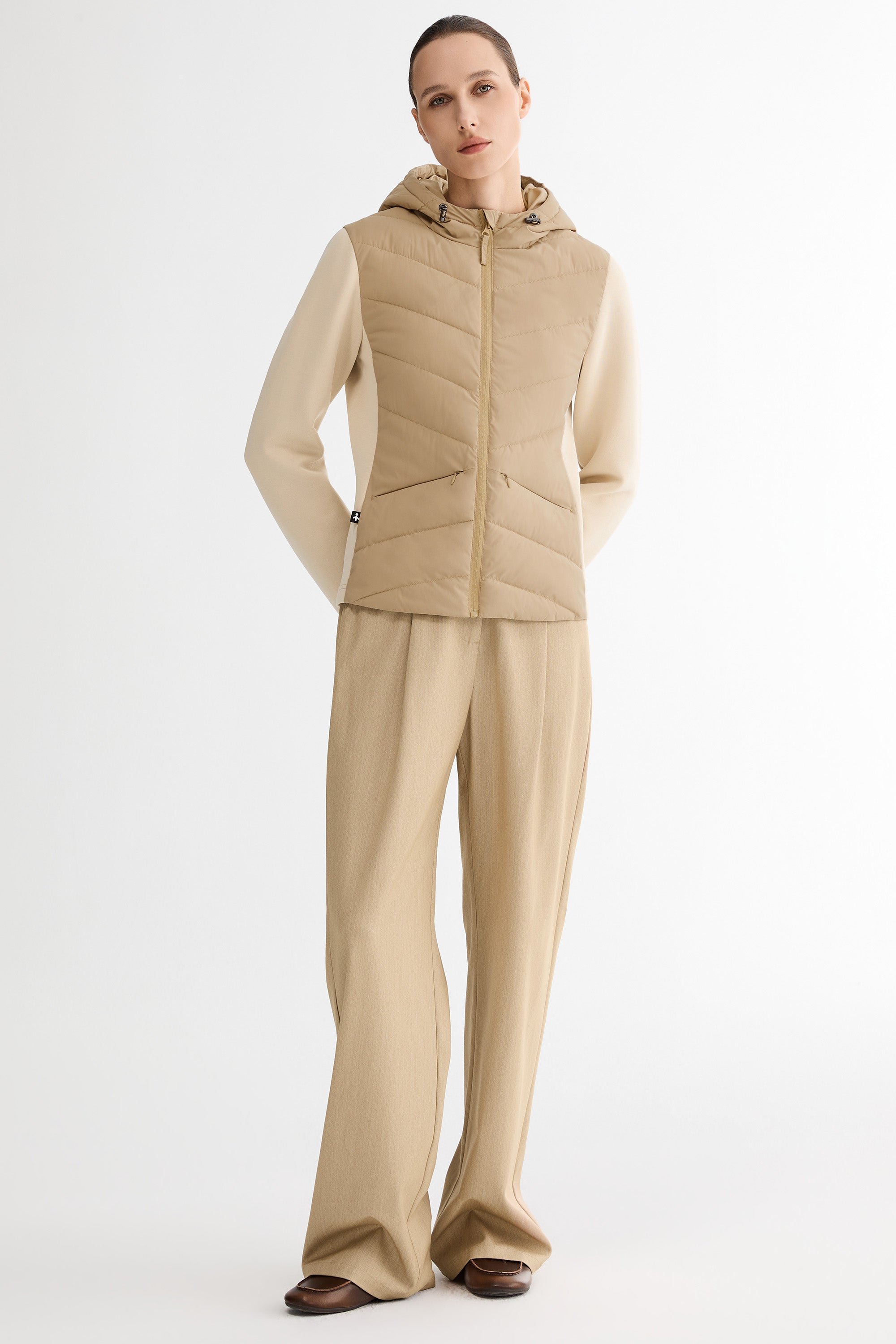 Structured Paneled Puffer Jacket with Hood #color_khaki