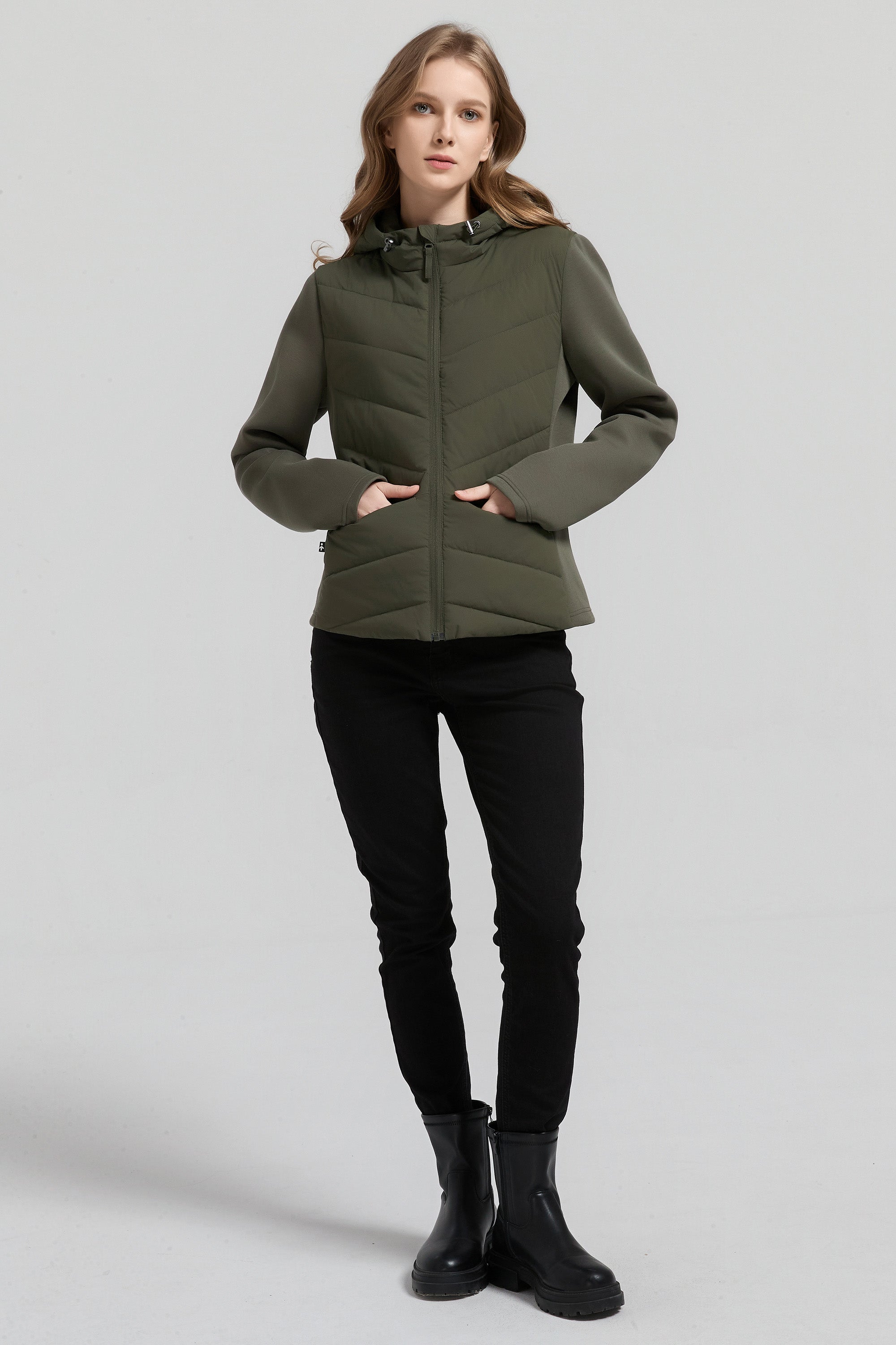 Structured Paneled Puffer Jacket with Hood #color_olive